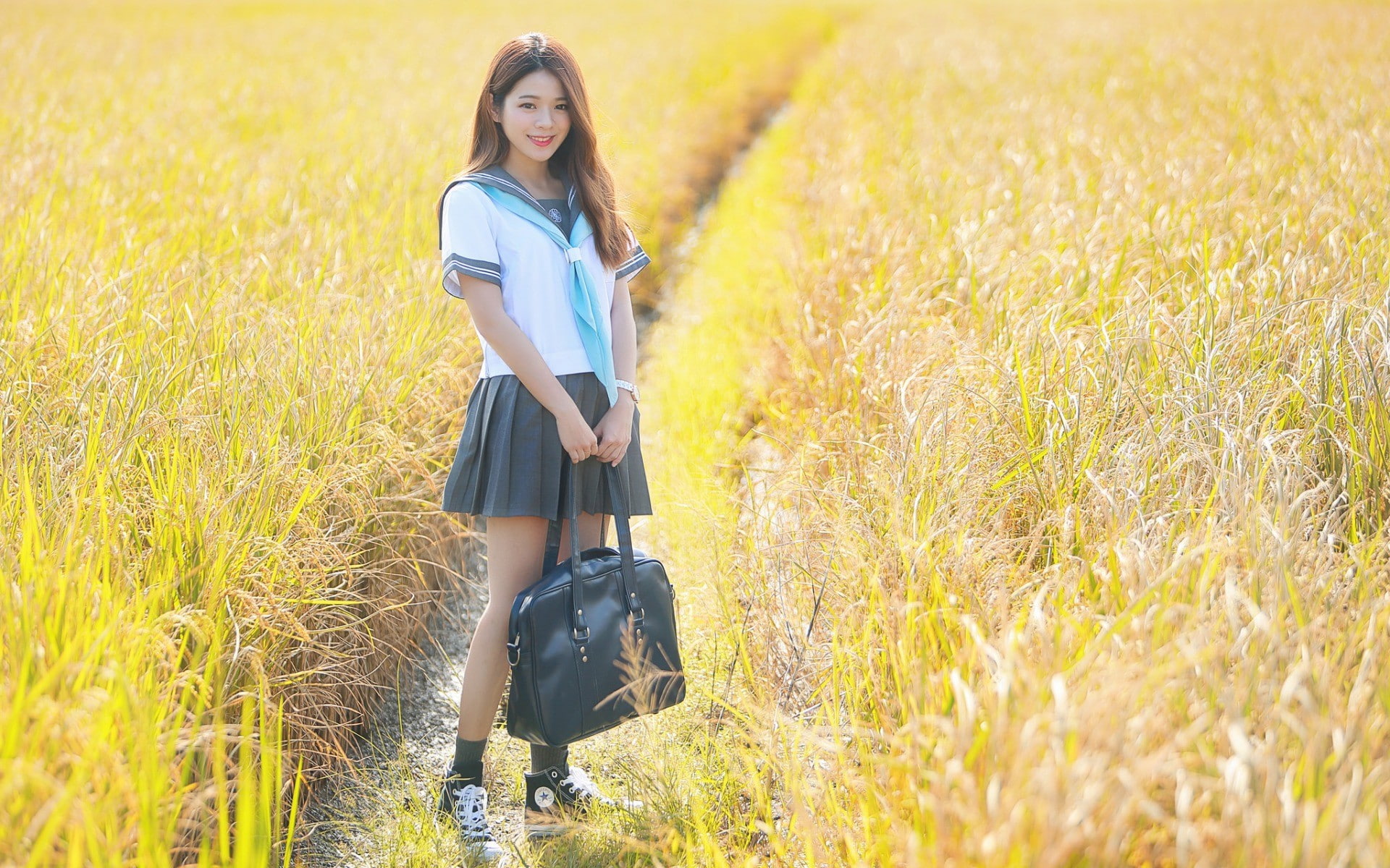 schoolgirl, smiling, long hair, school uniform, field, women, Asian, brunette, bag, Converse, 1080P, grain, model, skirt, women outdoors, HD Wallpaper