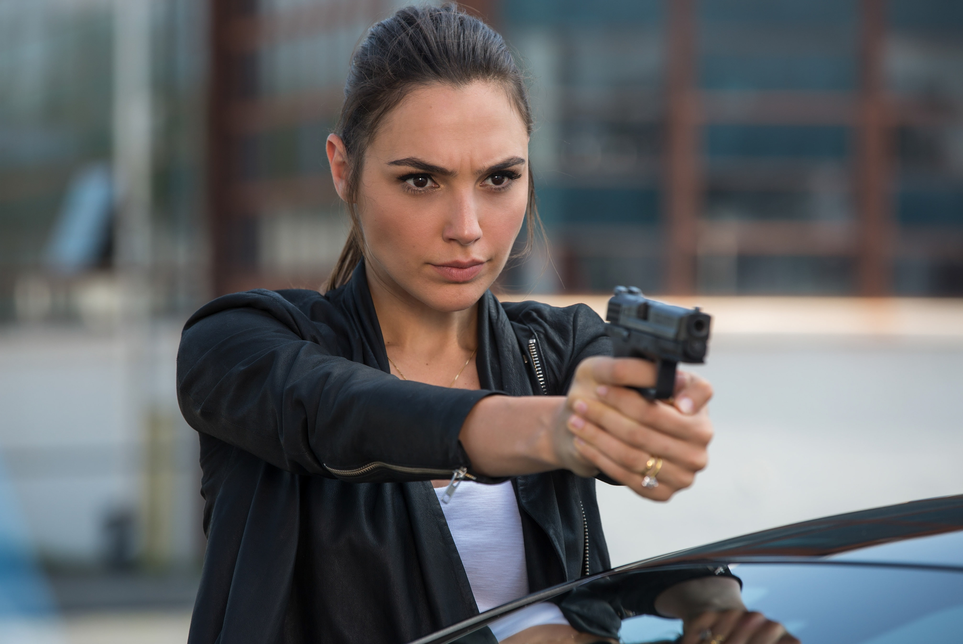 gun, beautiful woman, front view, mode of transportation, car, looking at camera, Movies, one person, keeping up with the joneses, young women, adult, technology, HD Wallpaper
