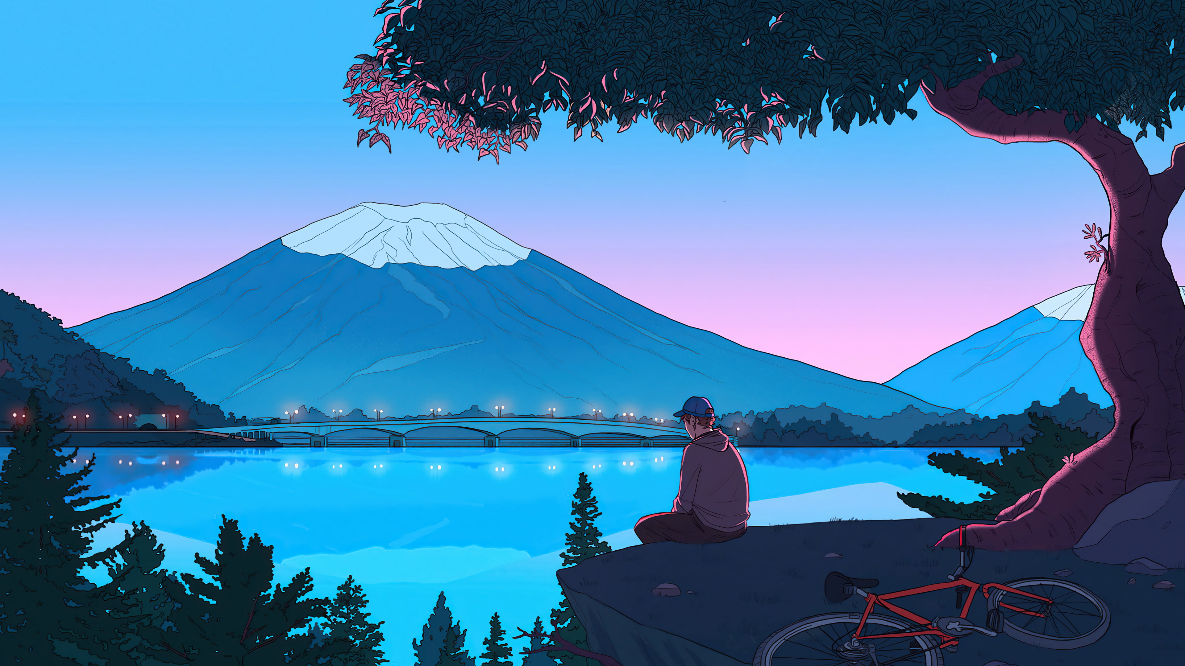 lake, trees, street light, bridge, mountains, 4K, alone, bycicle, HD Wallpaper