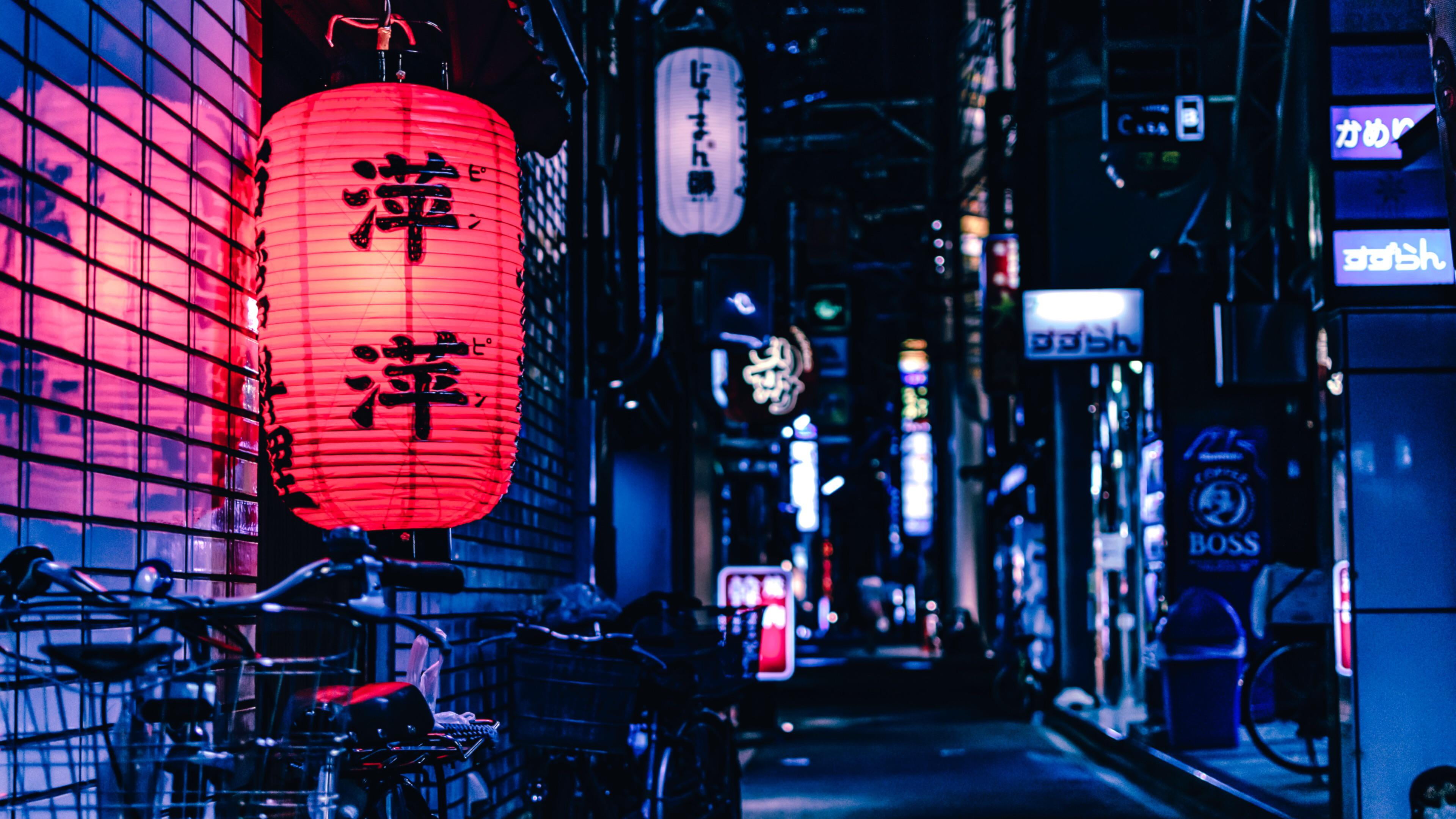 shop, night, blue, 4K, photography, Japan, bycicle, midnight, street, red, contrast, HD Wallpaper