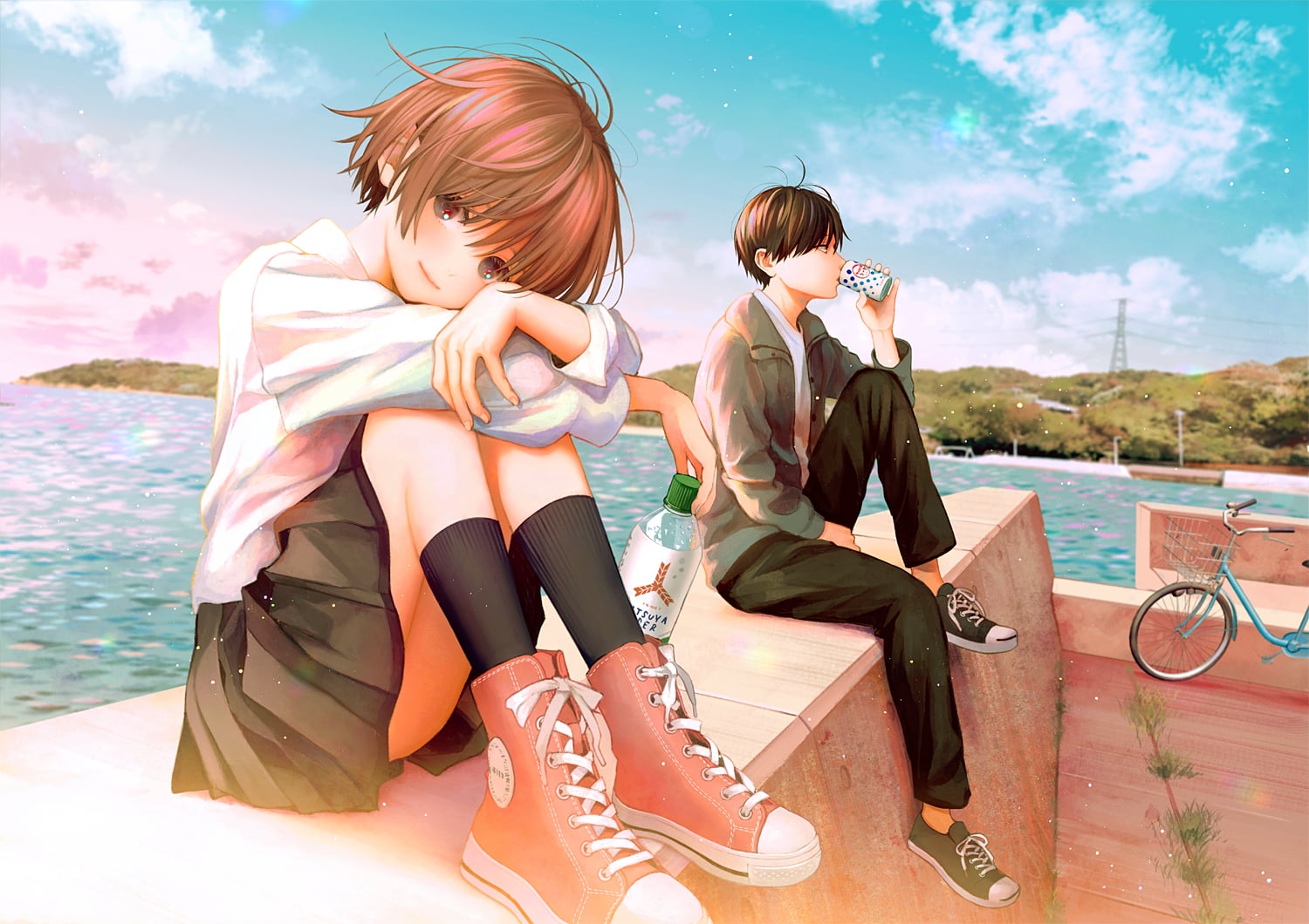 clouds, Male, drink, sky, brown eyes, brunette, water, 720P, short hair, bycicle, school uniform, HD Wallpaper