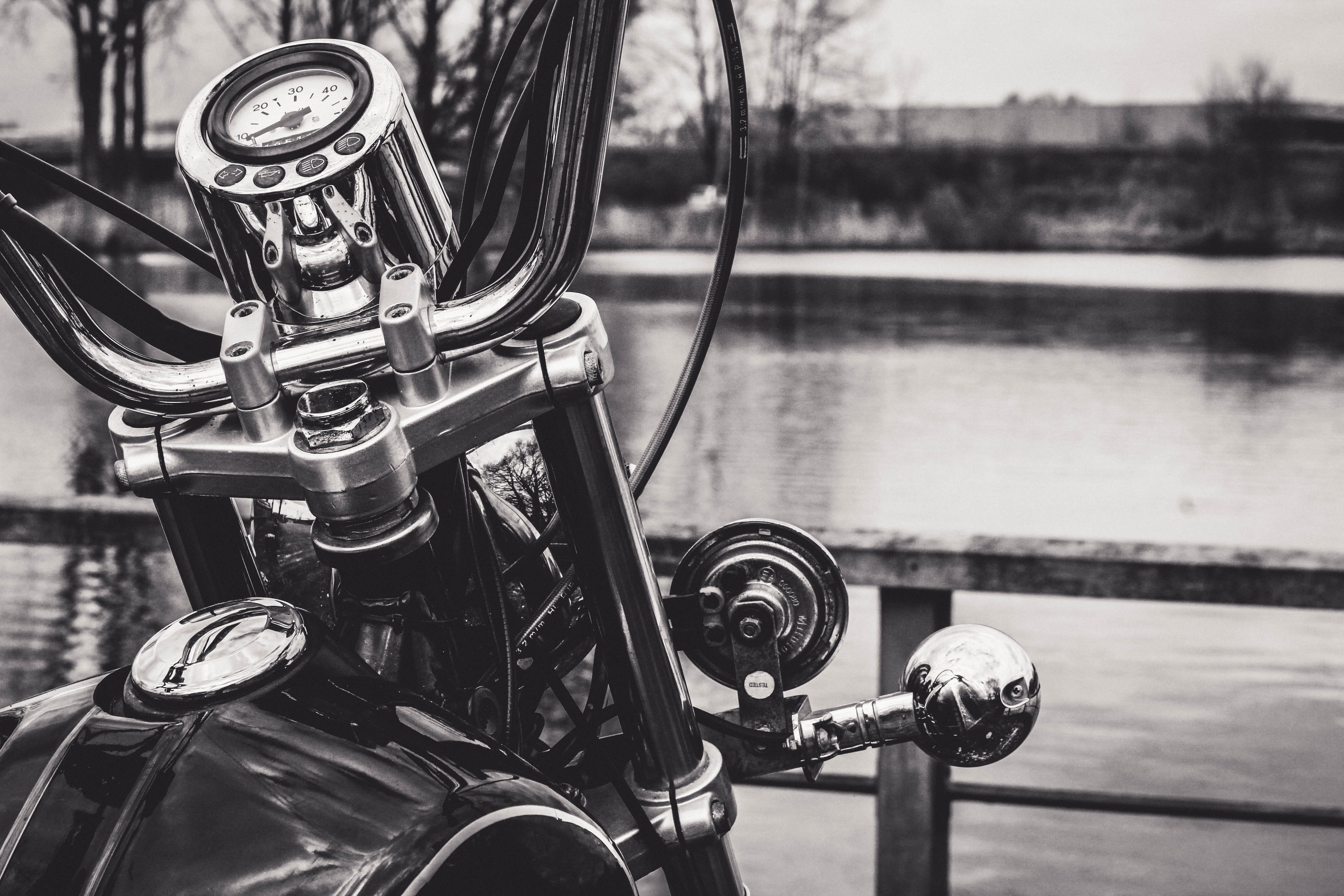 black and white, travel, bike, vintage, explore, steringwheel, land vehicle, close-up, high angle view, closeup, stationary, transportation, water, city, HD Wallpaper