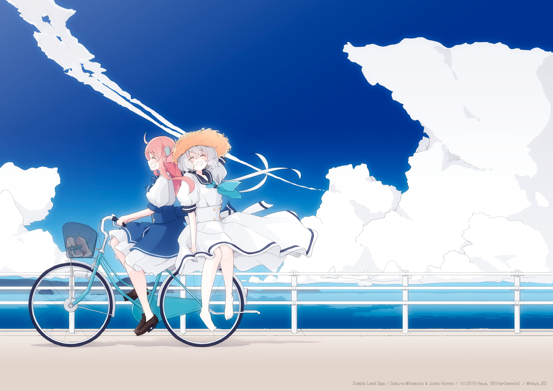 white dress, white hair, anime girls, long hair, Zombie 4 / Junko Konno, clouds, coast, bycicle, fan art, 1080P, Zombieland Saga, redhead, Zombie 1 / Sakura Minamoto, HD Wallpaper