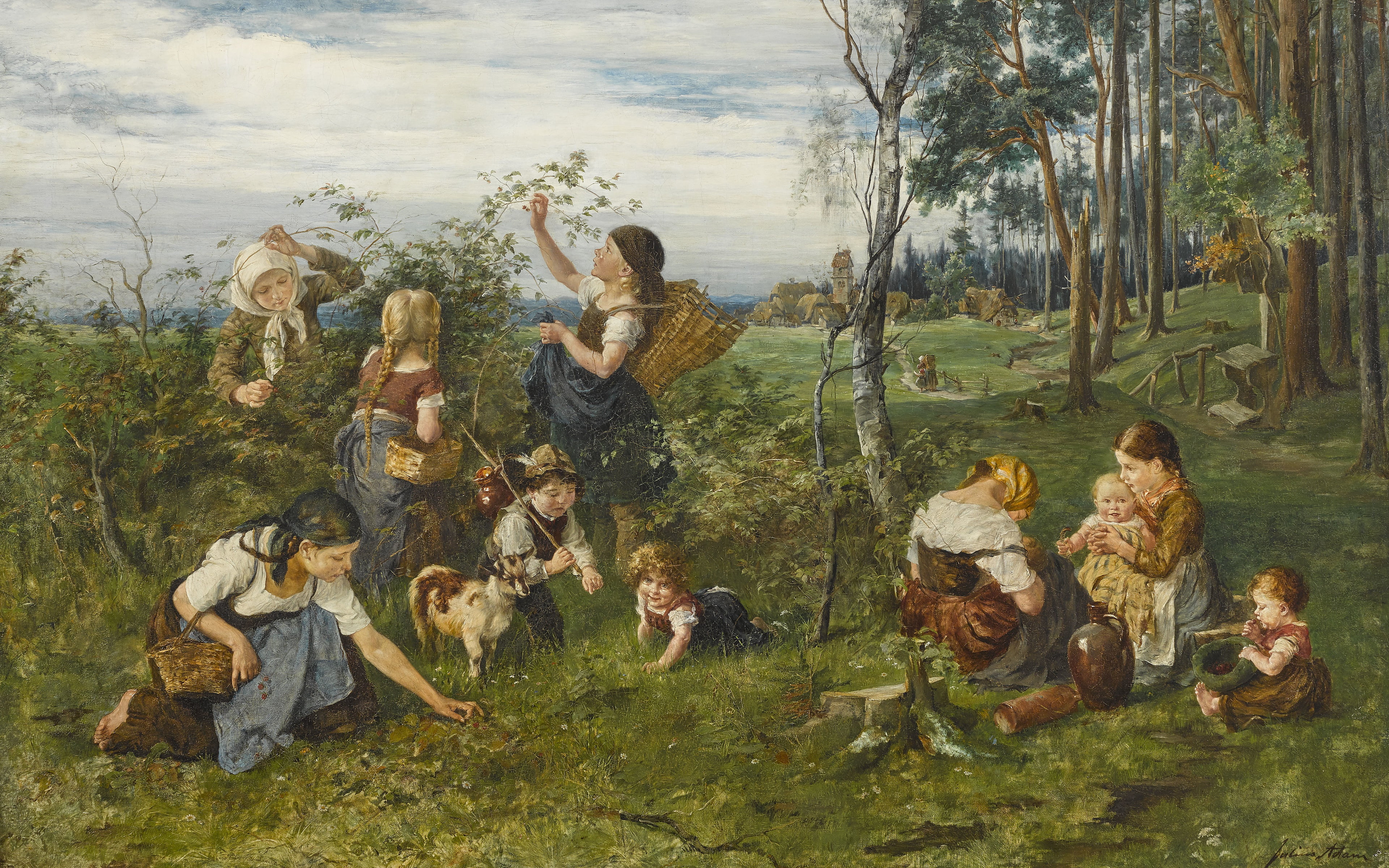 Children pick berries from the edge of the forest, oil on canvas, Julius Anton Adam, Children picking berries at the edge of the forest, 1876, 4K, German painter, HD Wallpaper