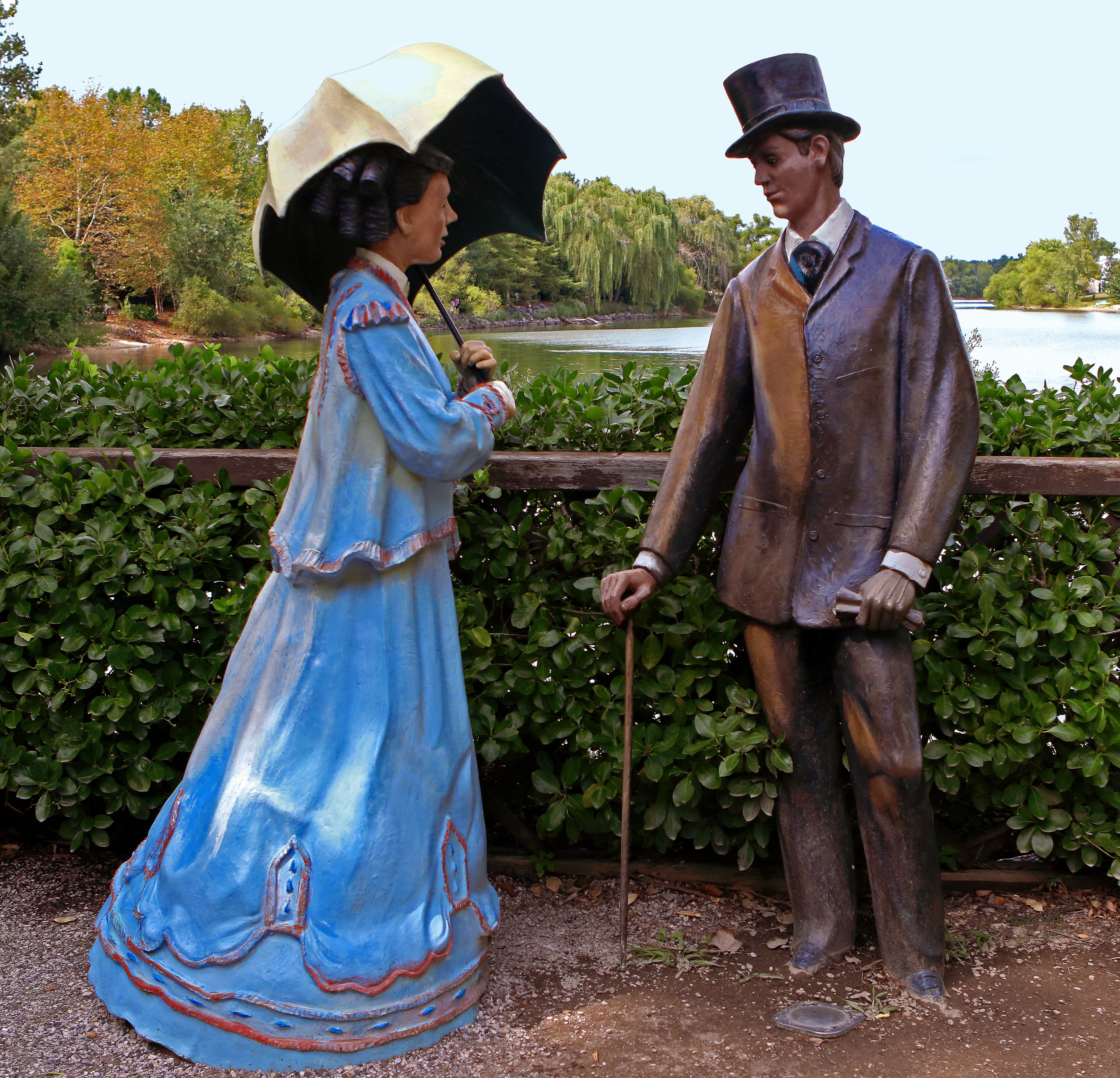 park, smiling, standing, plant, traditional clothing, artist, men, togetherness, umbrella, lake, famous painting, day, top hat, outdoors, art, statue, sculpture, HD Wallpaper
