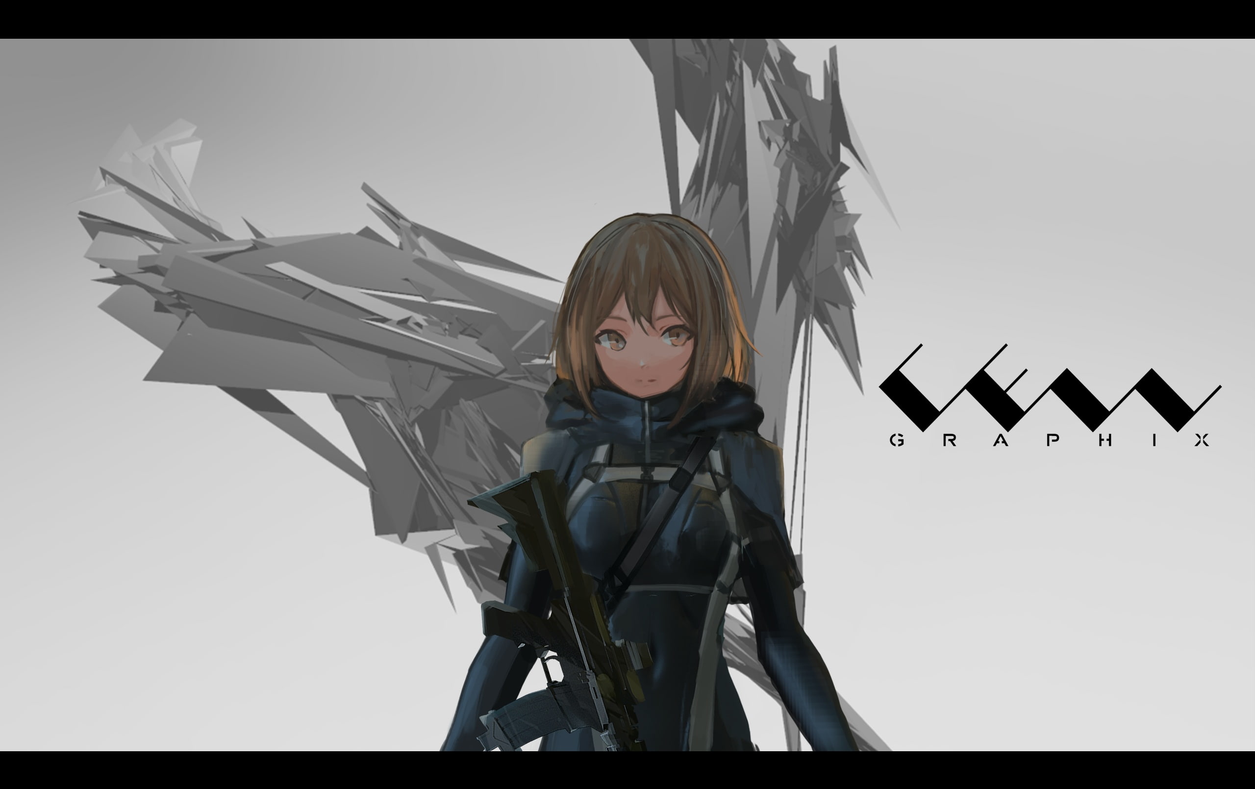 hoodie, brown, konachan, gun, 2K, original, short, skintight, eyes, weapon, hair, com, gradient, bodysuit, 256692, cancell, HD Wallpaper
