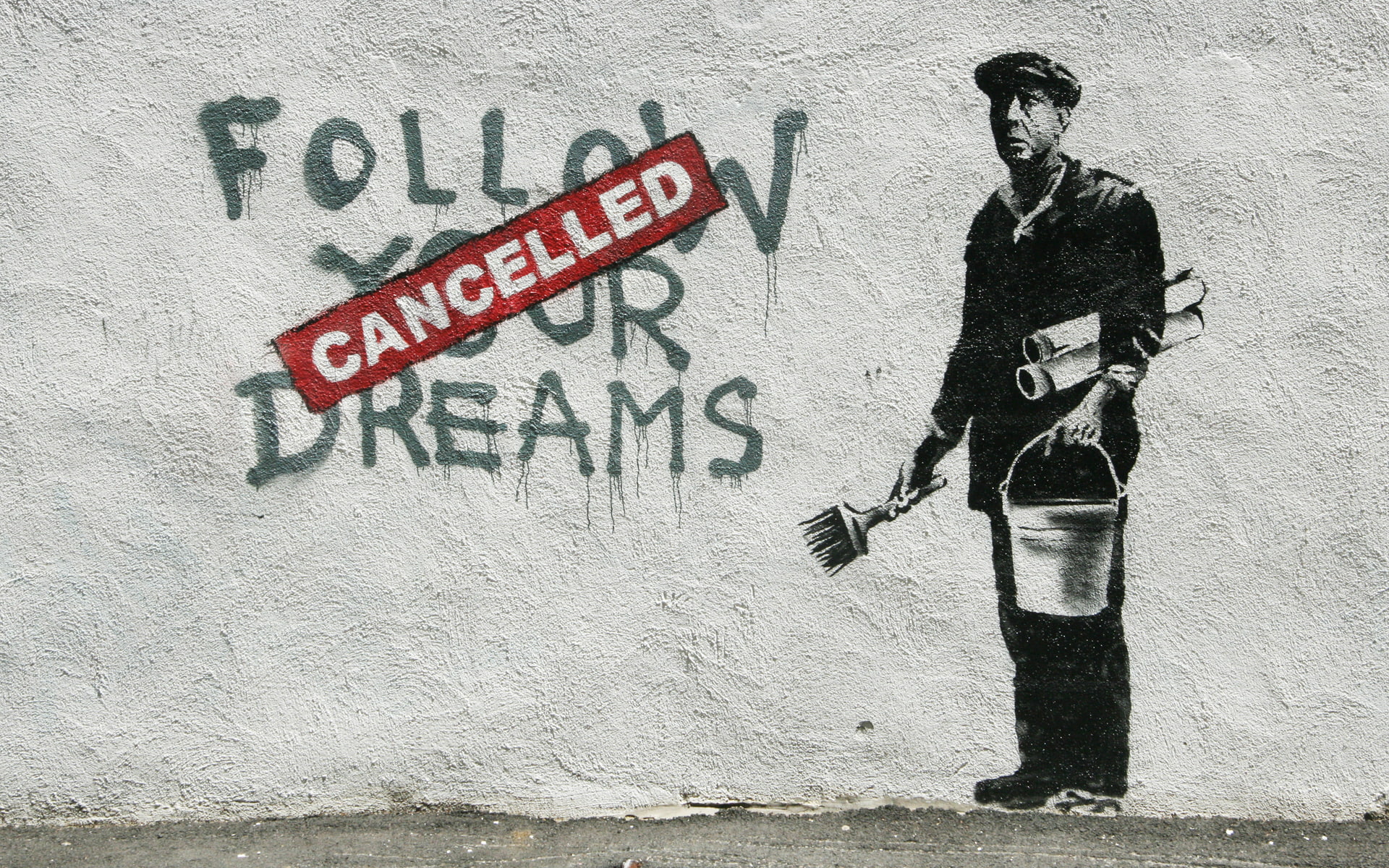 the inscription, wall, graffiti, bucket, stencil, painter, follow your dream, 1080P, stensil, figure, cancelled, brush, HD Wallpaper