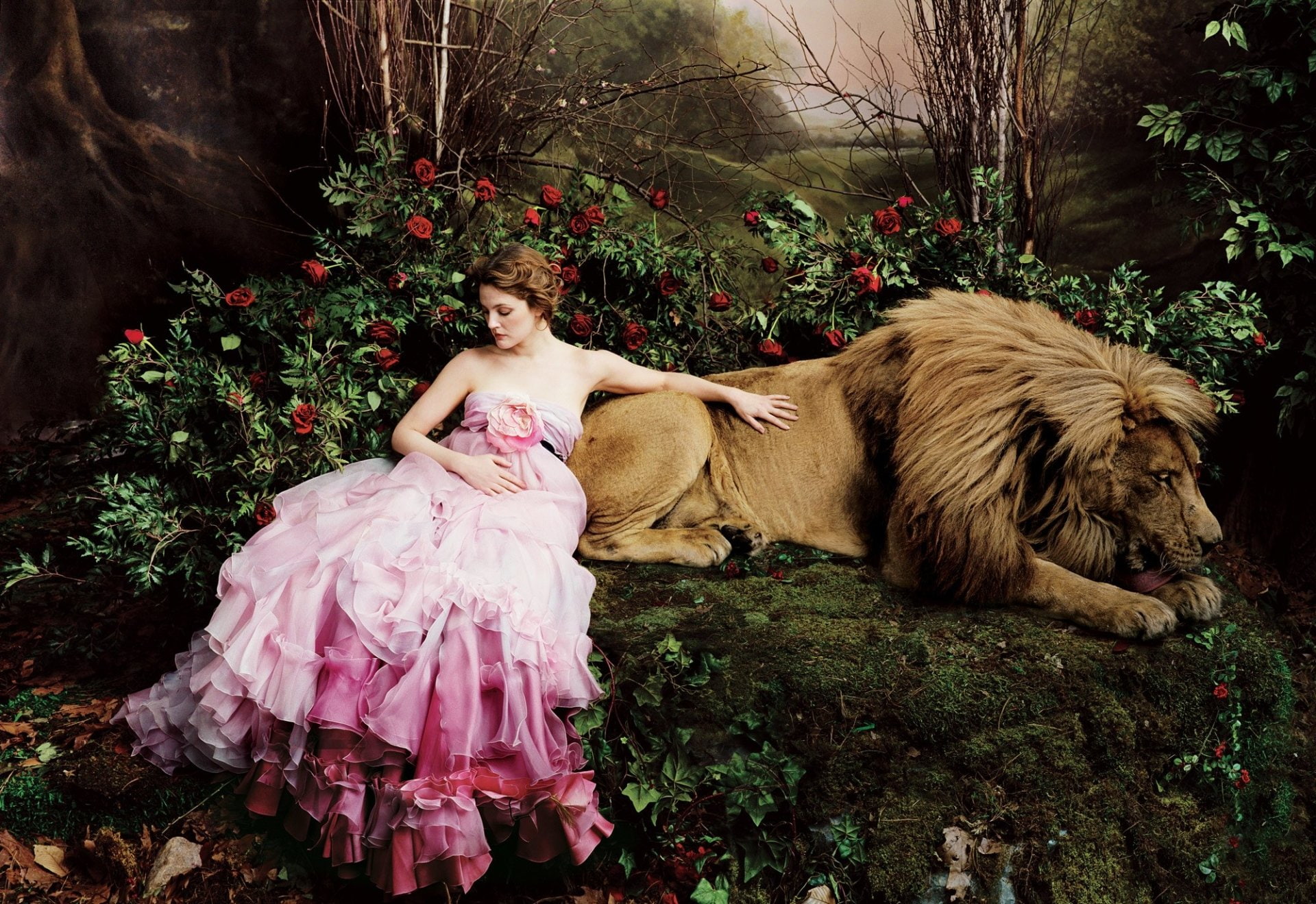 Actresses, Pink Dress, Artistic, Photoshop, Drew Barrymore, Manipulation, Lion, 1080P, Forest, Woman, Girl, HD Wallpaper