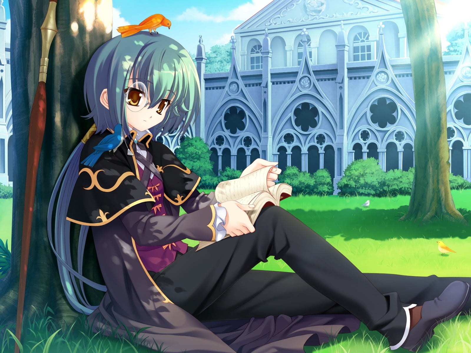 leisure activity, representation, book, clothing, grass, lens, 720P, side view, kurosaki, anime, male, girl, costume, outdoors, boku no te no naka no rakuen, HD Wallpaper