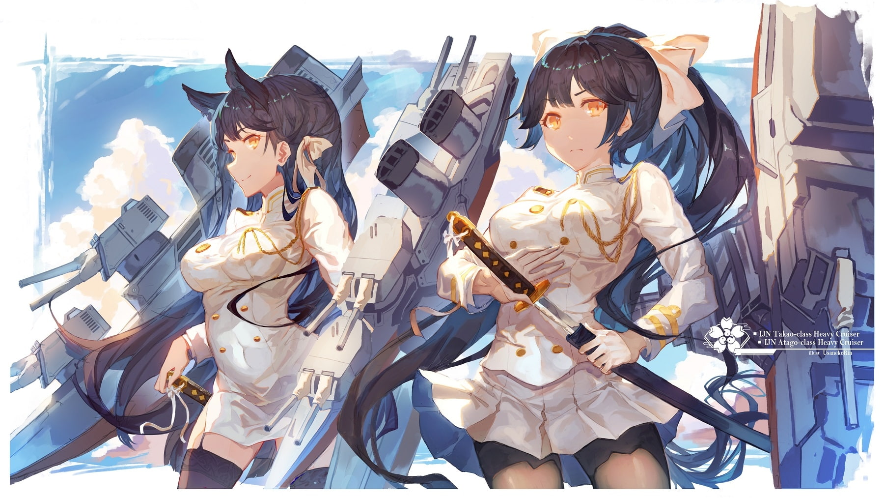 no people, animal ears, creativity, azur lane, male likeness, craft, costume, takao, representation, anime girls, long hair, uniform, atago, nature, bilan hangxian, HD Wallpaper