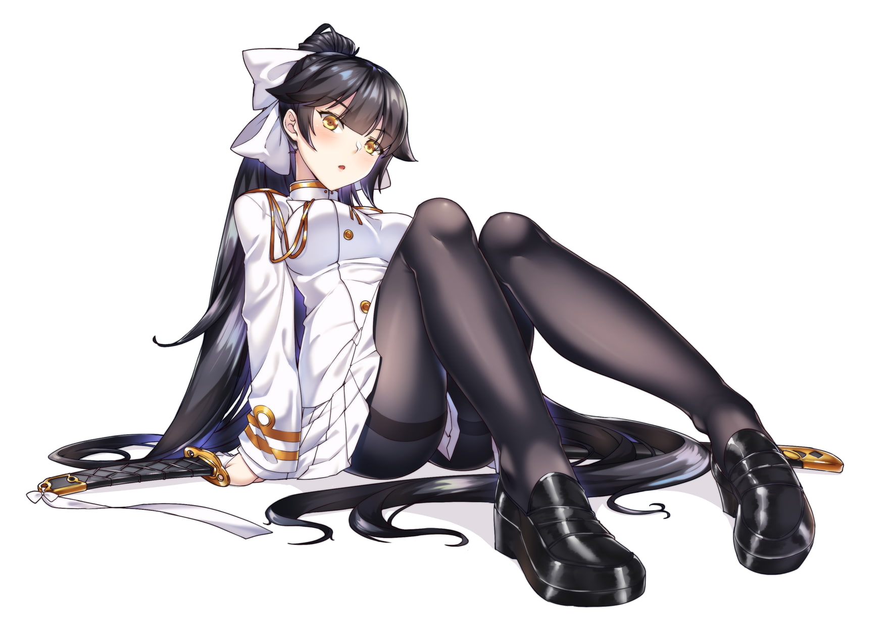 blush, long hair, young women, ponytail, 720P, beauty, yellow eyes, sword, headdress, glamour, adult, young adult, uniform, studio shot, white background, HD Wallpaper