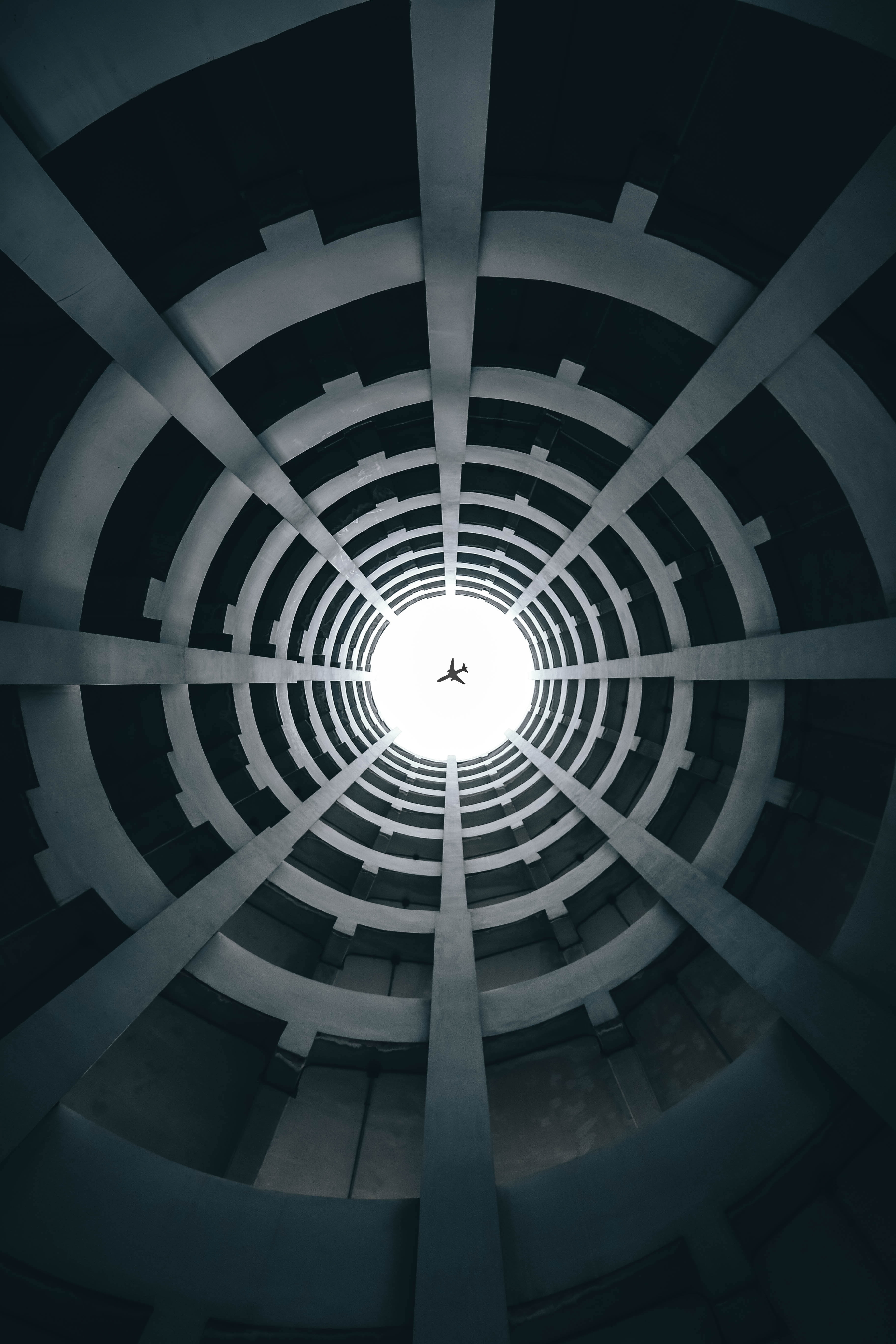 backgrounds, circle, architecture, indoors, pattern, night, bottom view, airplane, digital composite, 5K, cupola, built structure, lighting equipment, Phone HD Wallpaper