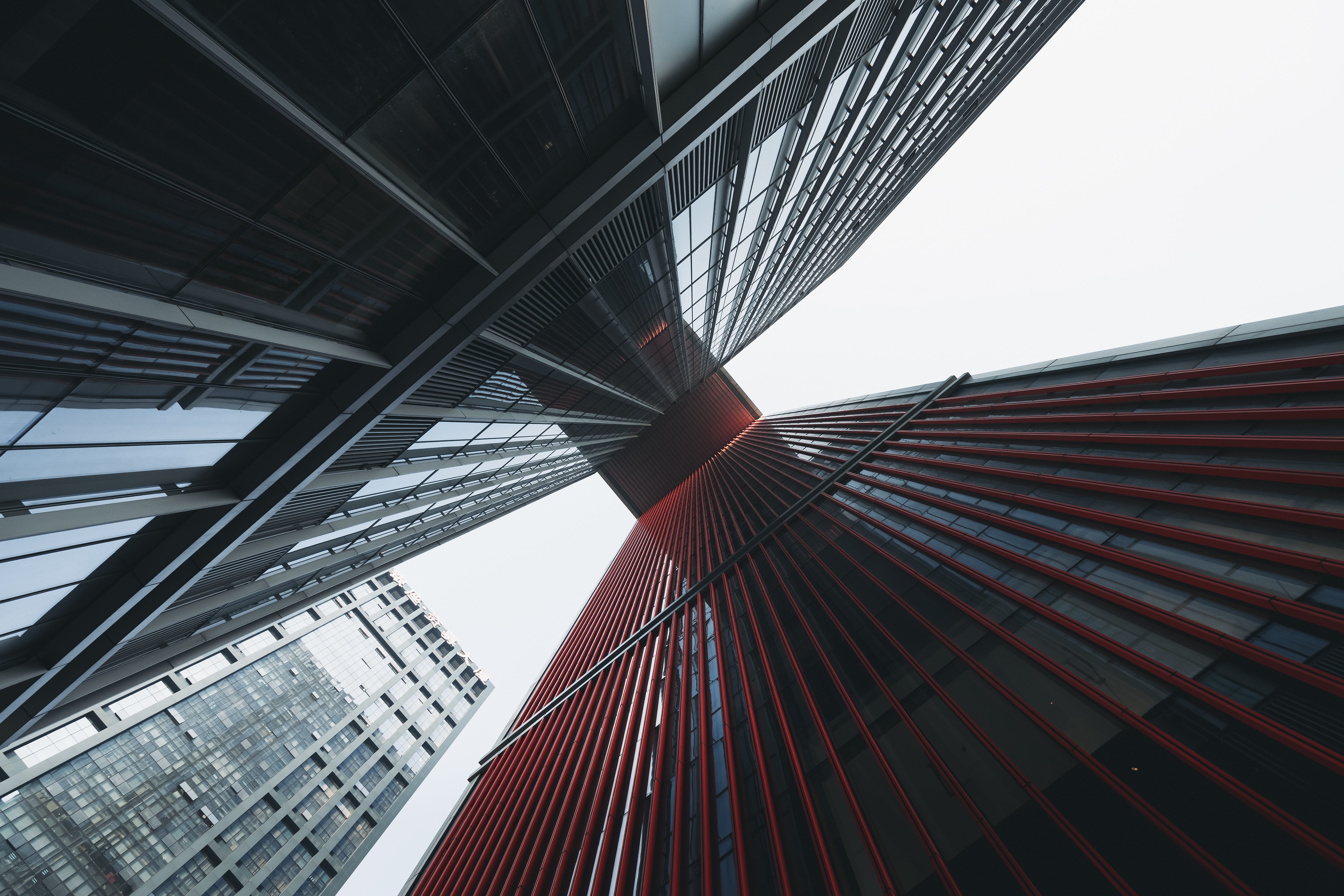 buildings, blue, building, financial district, downtown District, suspension bridge, reflection, architecture, sky, outdoors, office Building, office building exterior, HD Wallpaper