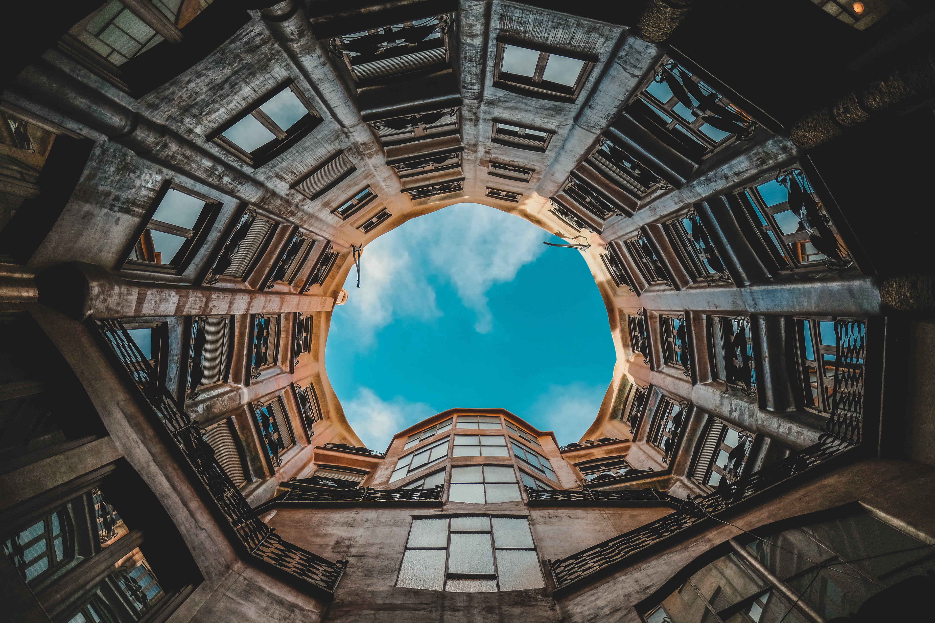spain, geometric shape, nature, building, built structure, shape, barcelona, sky, facade, 2K, travel destinations, architecture, bottom view, glass - material, HD Wallpaper