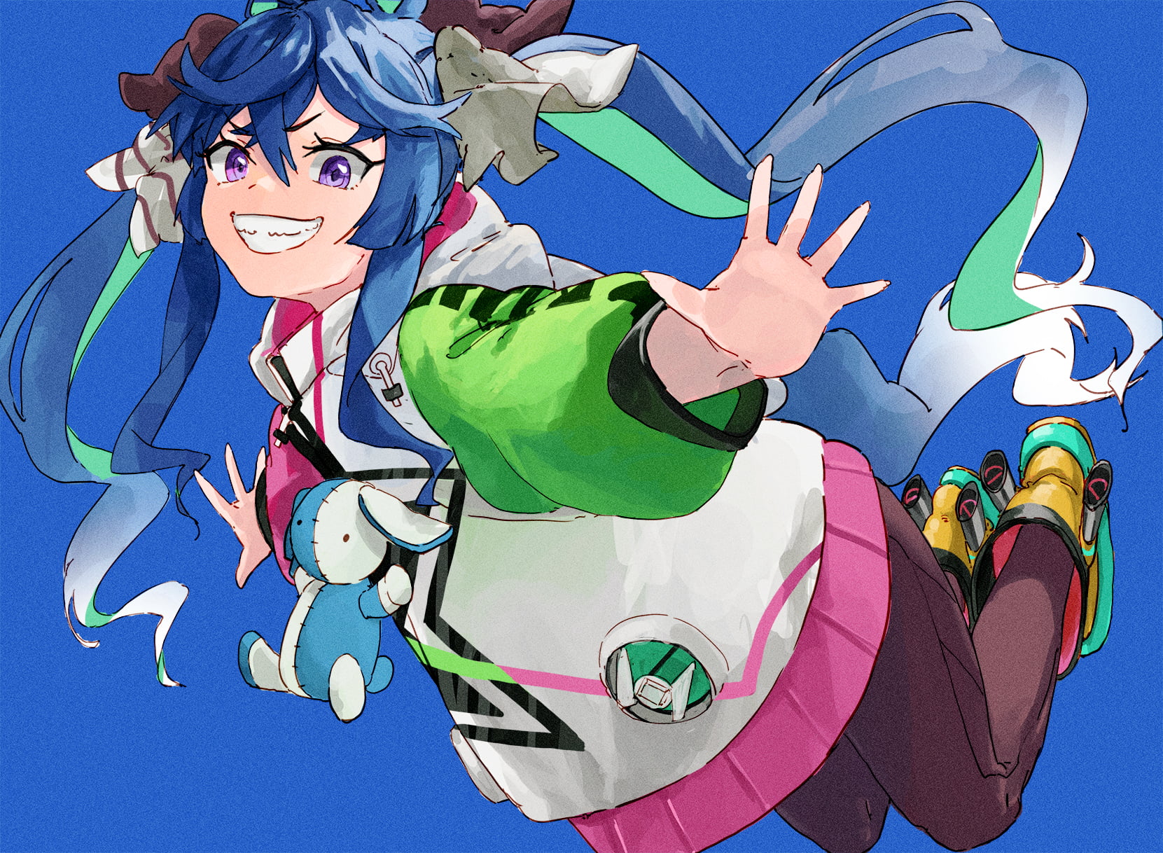 white hair, purple eyes, anime, horse girls, animal ears, clenched teeth, stuffed animal, Uma Musume Pretty Derby, Twin Turbo (Uma Musume), looking at viewer, HD Wallpaper