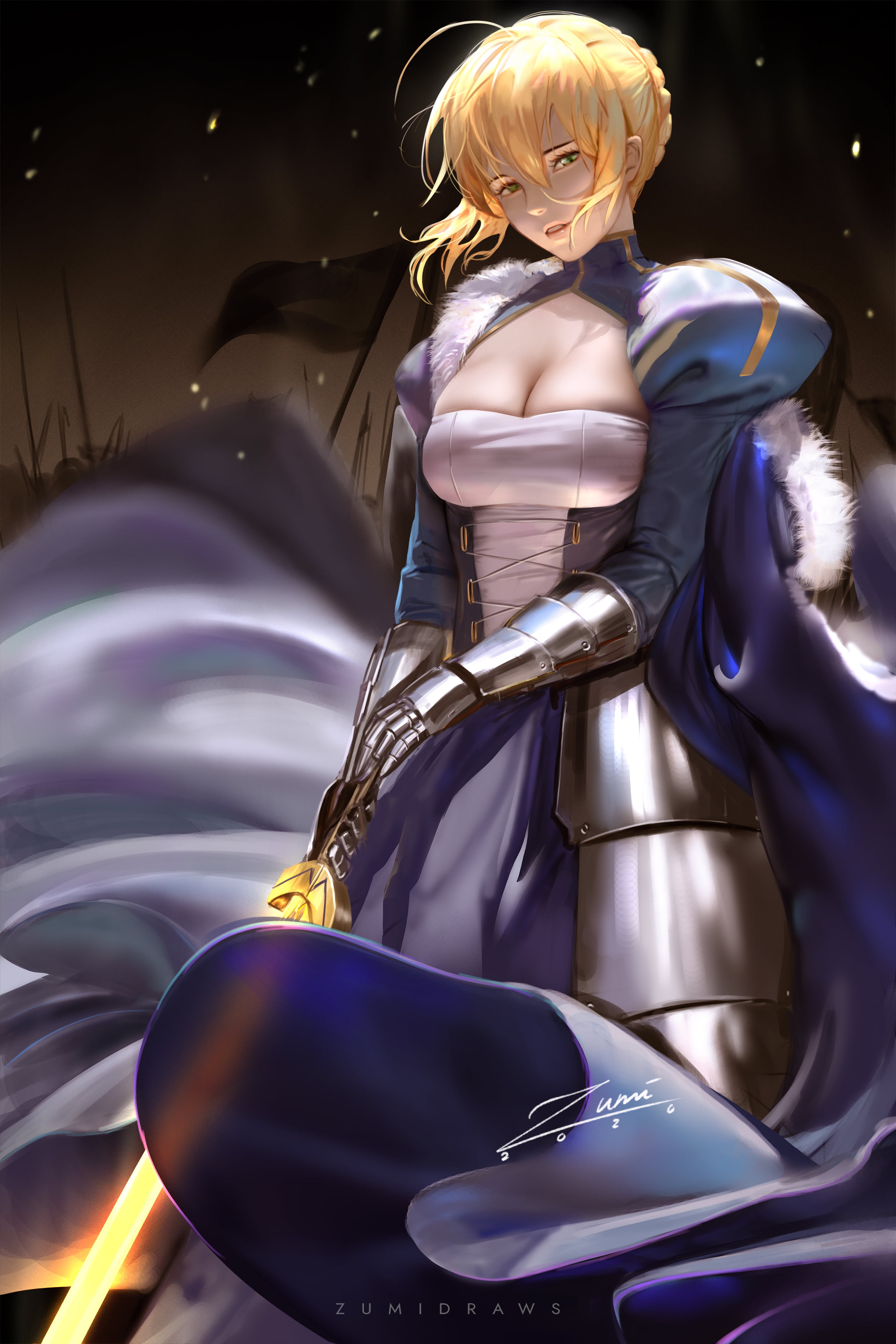 weapon, girls with swords, watermarked, illustration, 2K, Fate/Grand Order, zumidraws, digital art, anime girls, portrait display, fan art, fantasy art, Phone HD Wallpaper