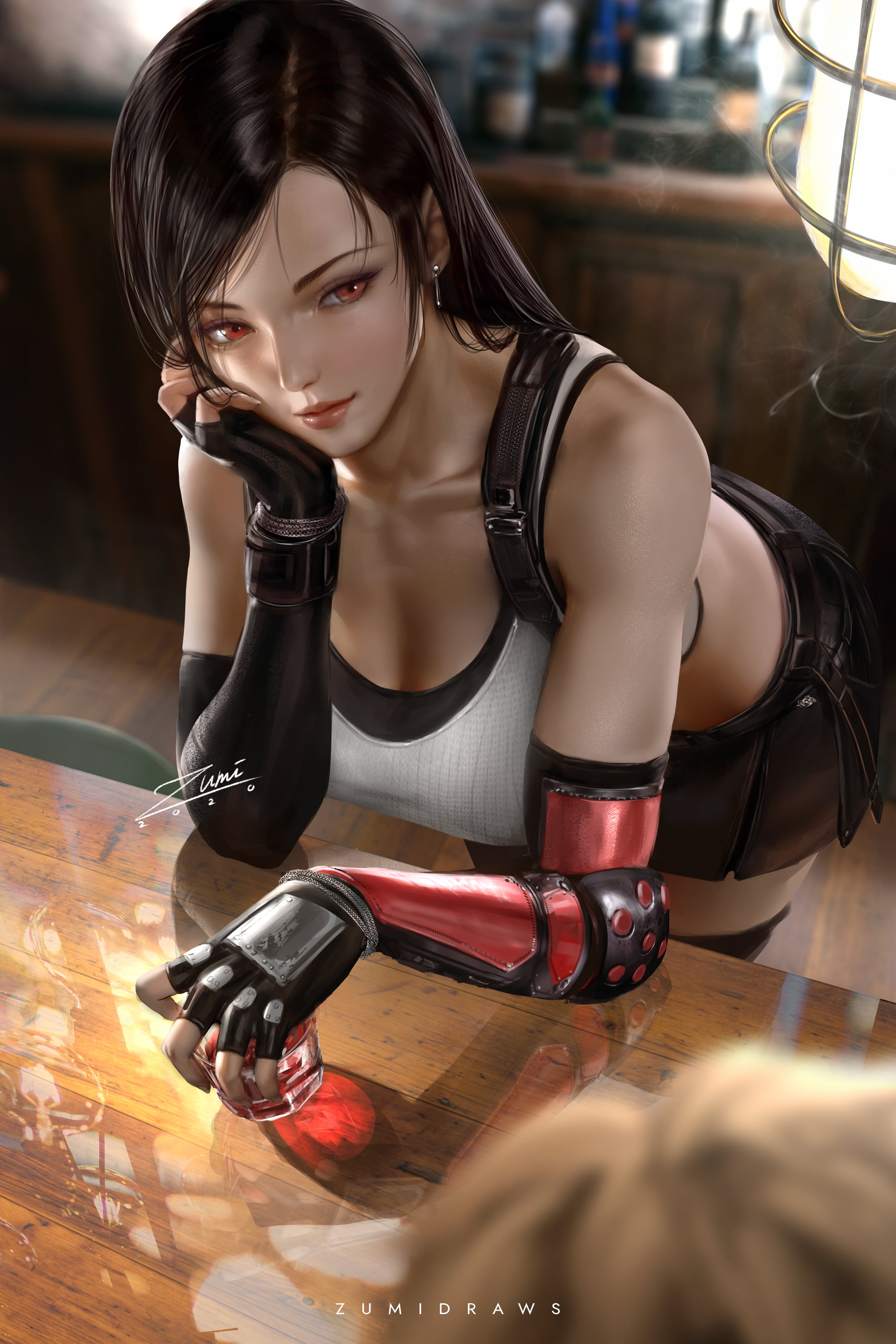 clavicles, fingerless gloves, red eyes, Zumi, Final Fantasy VII, miniskirt, Tifa Lockhart, bokeh, arm warmers, vertical, Final Fantasy, brunette, smiling, Phone HD Wallpaper
