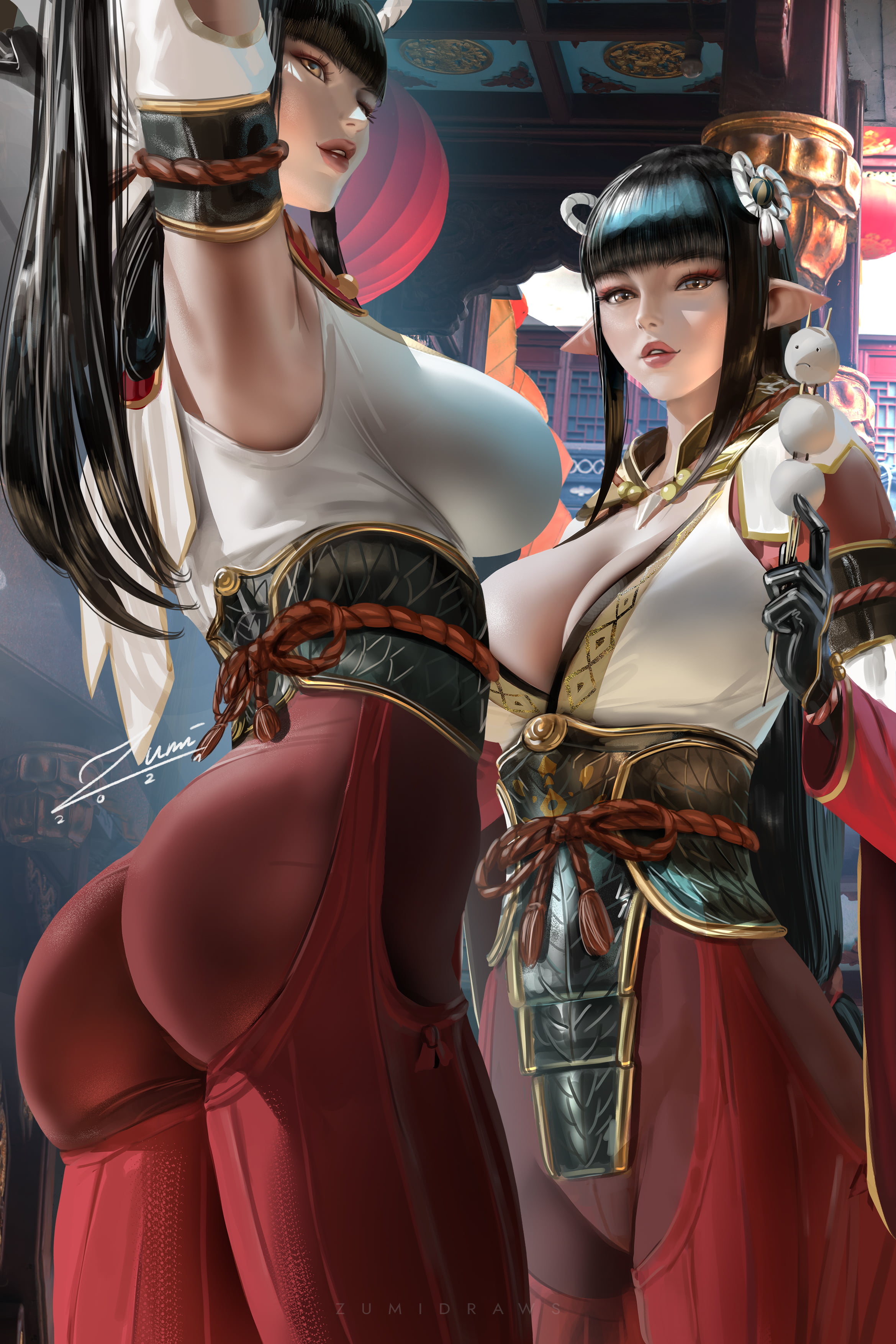 portrait display, pointed ears, zumidraws, Monster Hunter, fan art, 2K, artwork, miko, video game girls, video games, long hair, twins, drawing, black hair, Phone HD Wallpaper