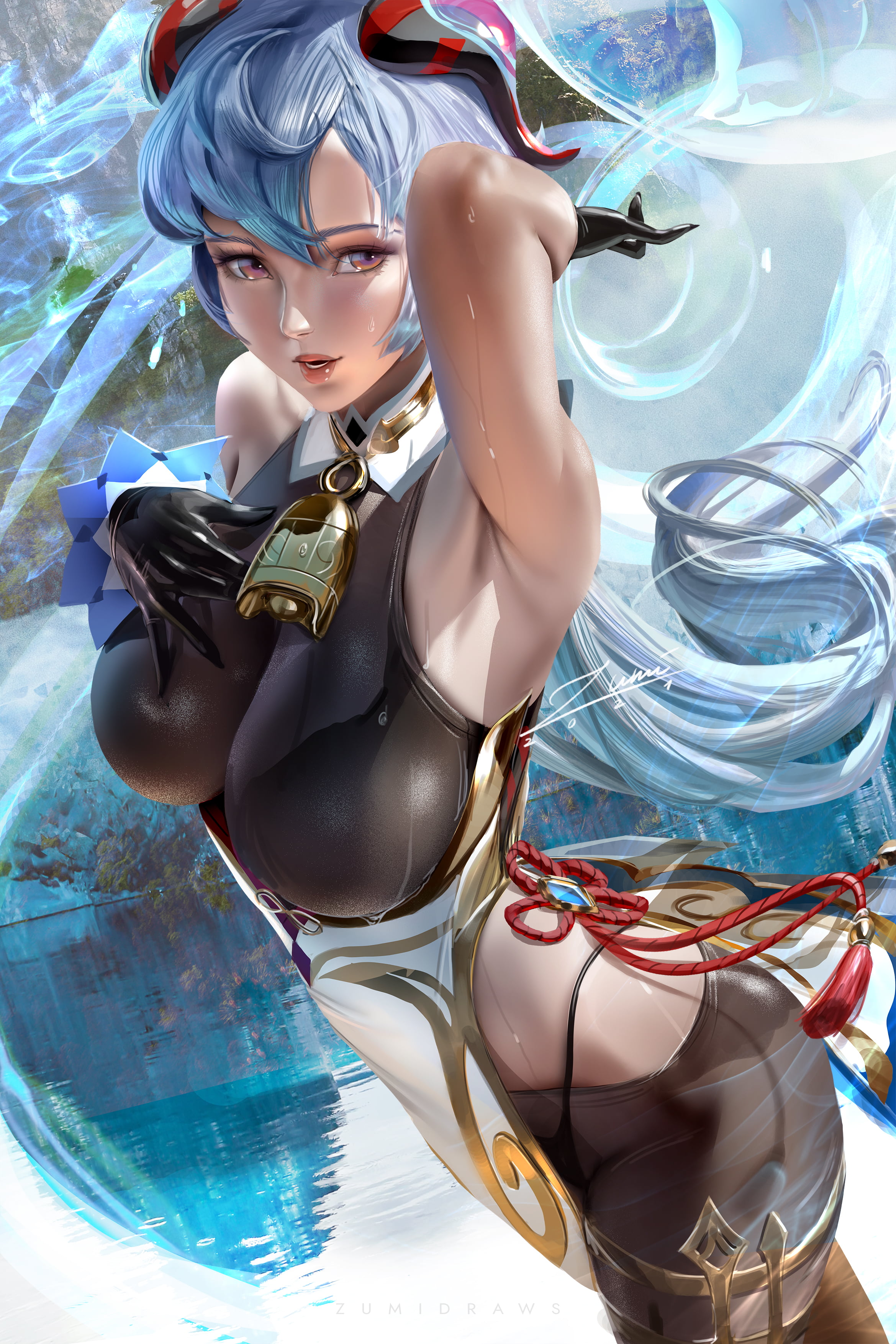 blue hair, fan art, Ganyu (Genshin Impact), long hair, anime, women, fantasy art, anime girls, video game girls, vertical, Genshin Impact, portrait display, Phone HD Wallpaper