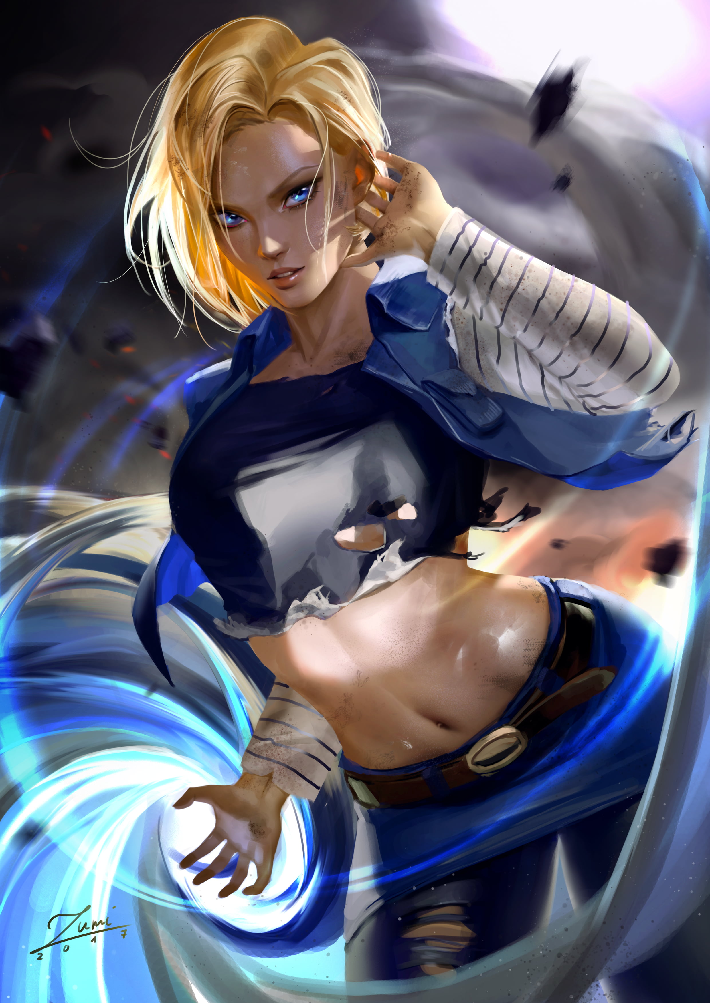 pantyhose, jacket, looking at viewer, black tops, blonde, belly, miniskirt, illustration, fan art, vertical, portrait display, Dragon Ball Z, anime girls, Phone HD Wallpaper