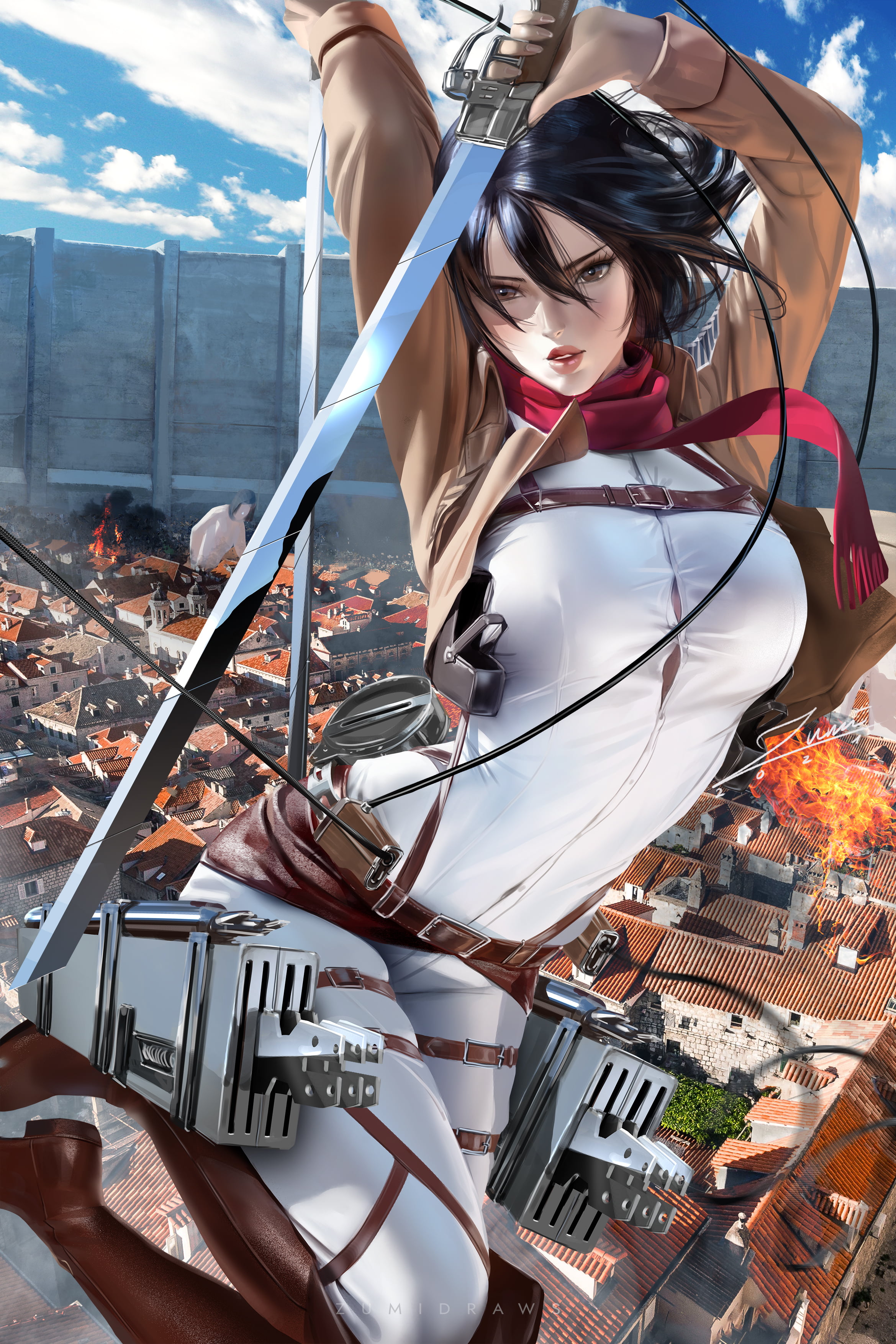 portrait display, vertical, fantasy girl, artwork, fan art, illustration, women, digital art, Shingeki no Kyojin, fantasy art, black hair, sword, weapon, Phone HD Wallpaper