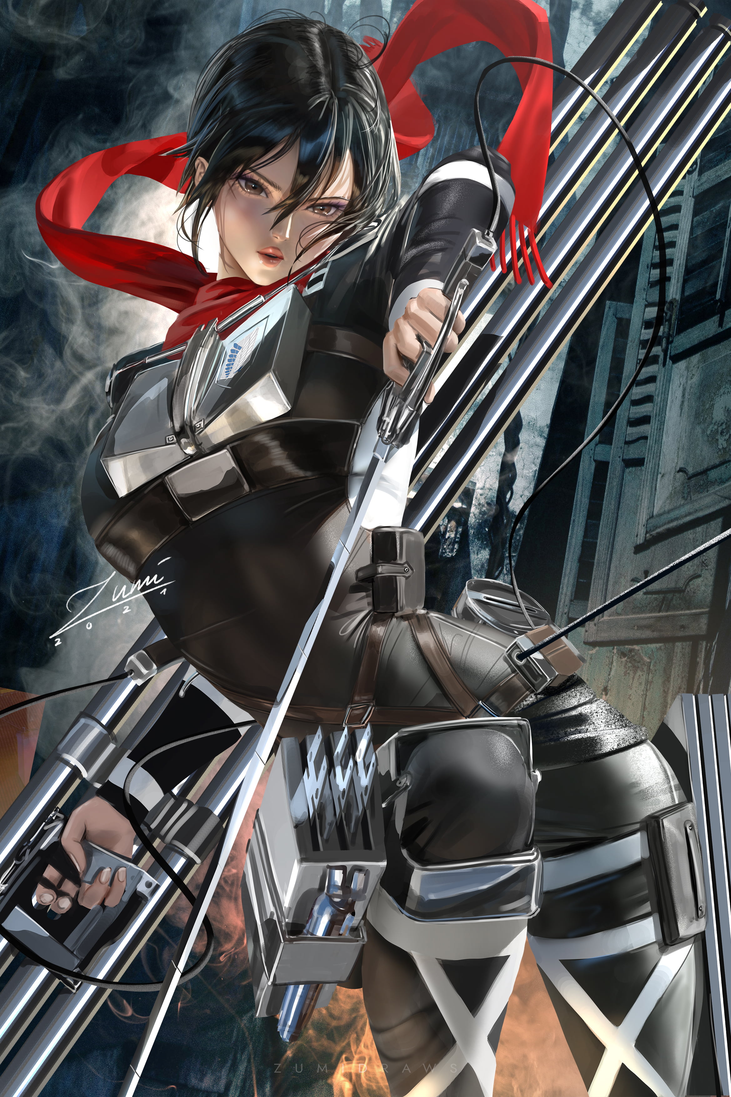 digital art, parted lips, anime girls, drawing, fan art, black clothing, scarf, black hair, body harness, short hair, Shingeki no Kyojin, armor, straps, Phone HD Wallpaper