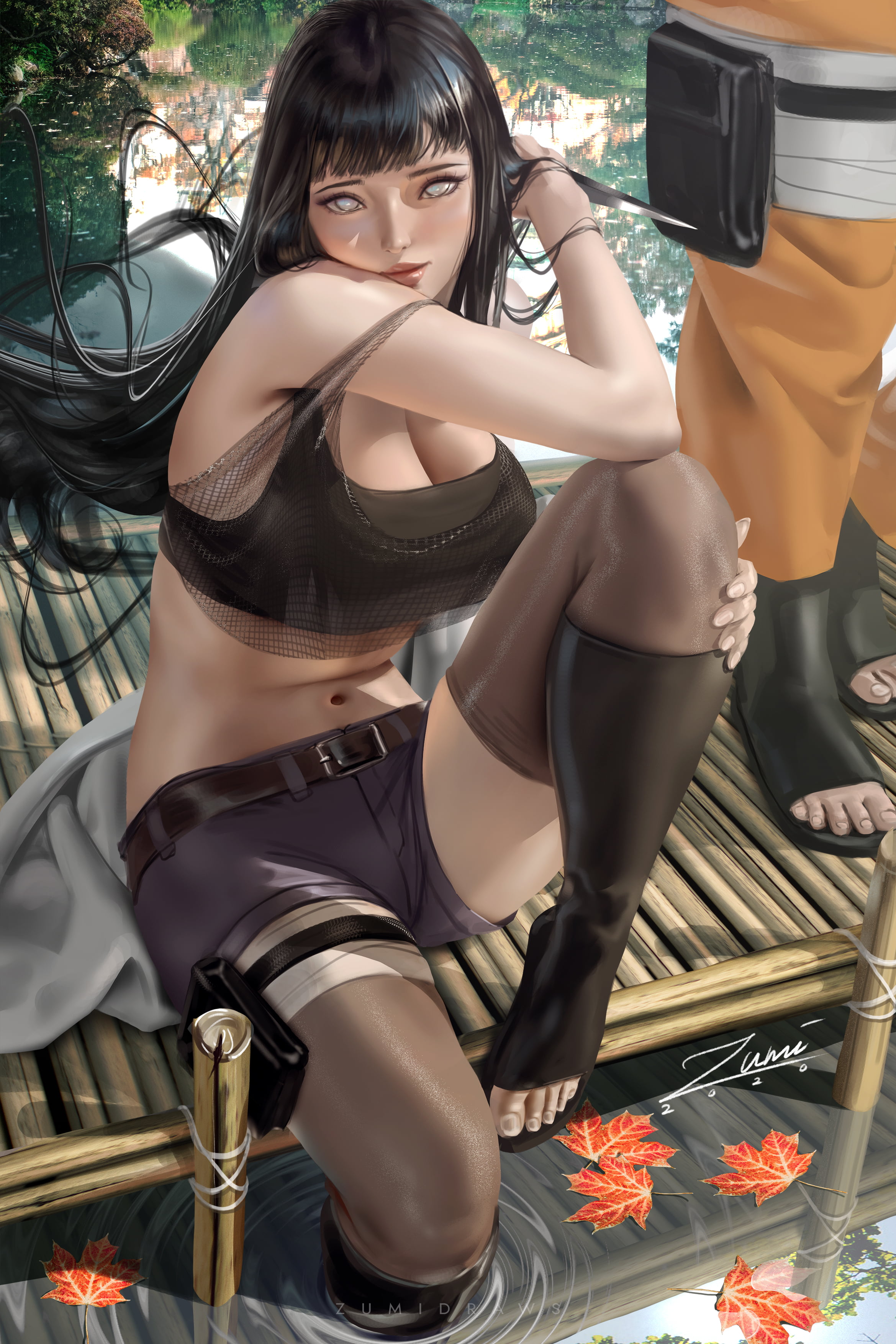 dagger, anime girls, weapon, illustration, vertical, looking at viewer, fan art, portrait display, Hyuuga Hinata, 2K, jean shorts, Zumi, thigh-highs, drawing, Phone HD Wallpaper