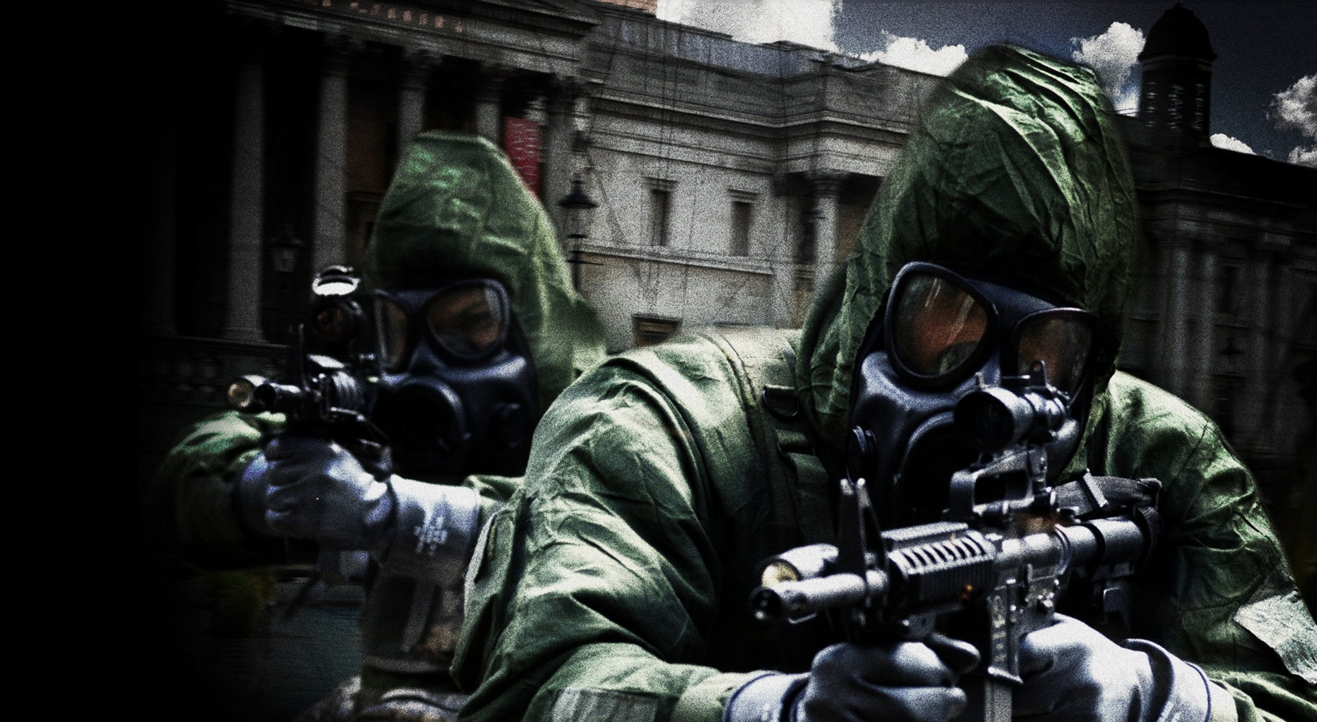 helmet, two, aiming, Movies, 28 Weeks Later, assault, weapon, security, aggression, protective mask - workwear, special forces, men, 1080P, clothing, people, HD Wallpaper