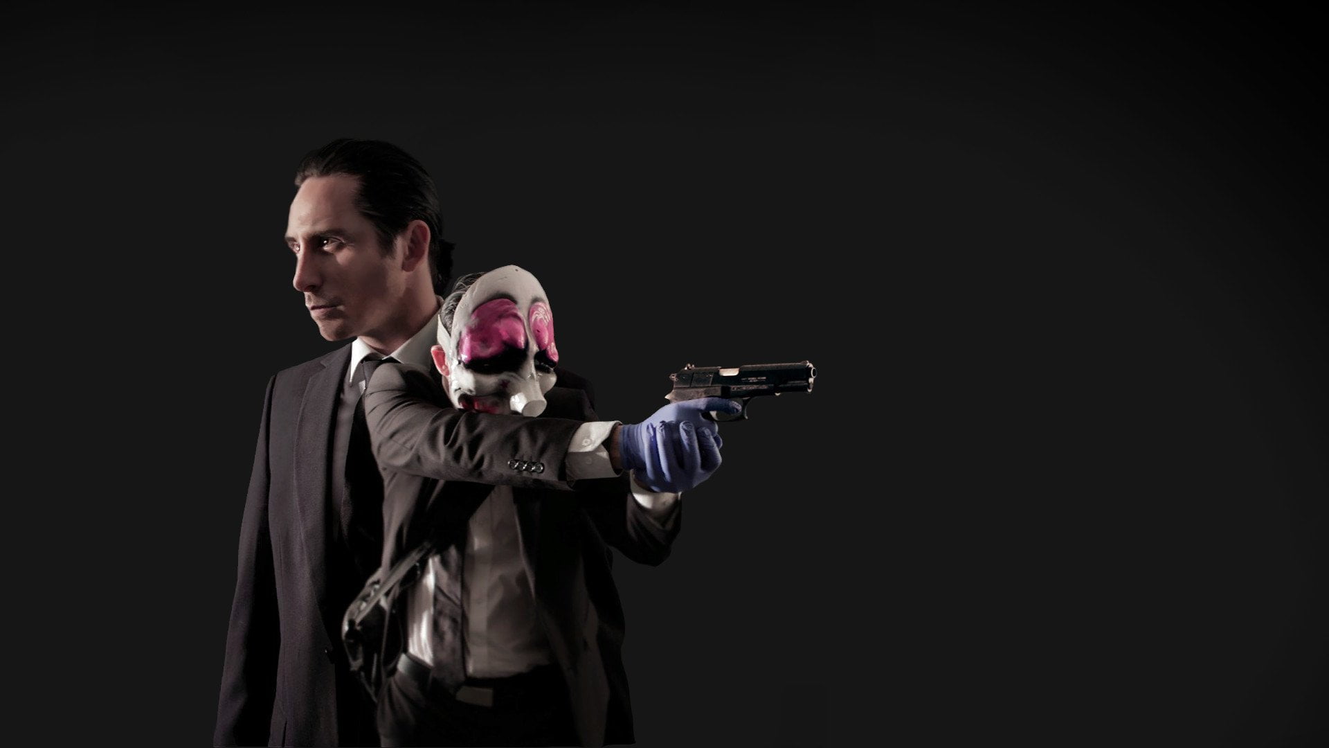 waist up, black background, adult, weapon, Payday: The Heist, one person, aiming, young adult, studio shot, 1080P, aggression, serious, handgun, males, HD Wallpaper