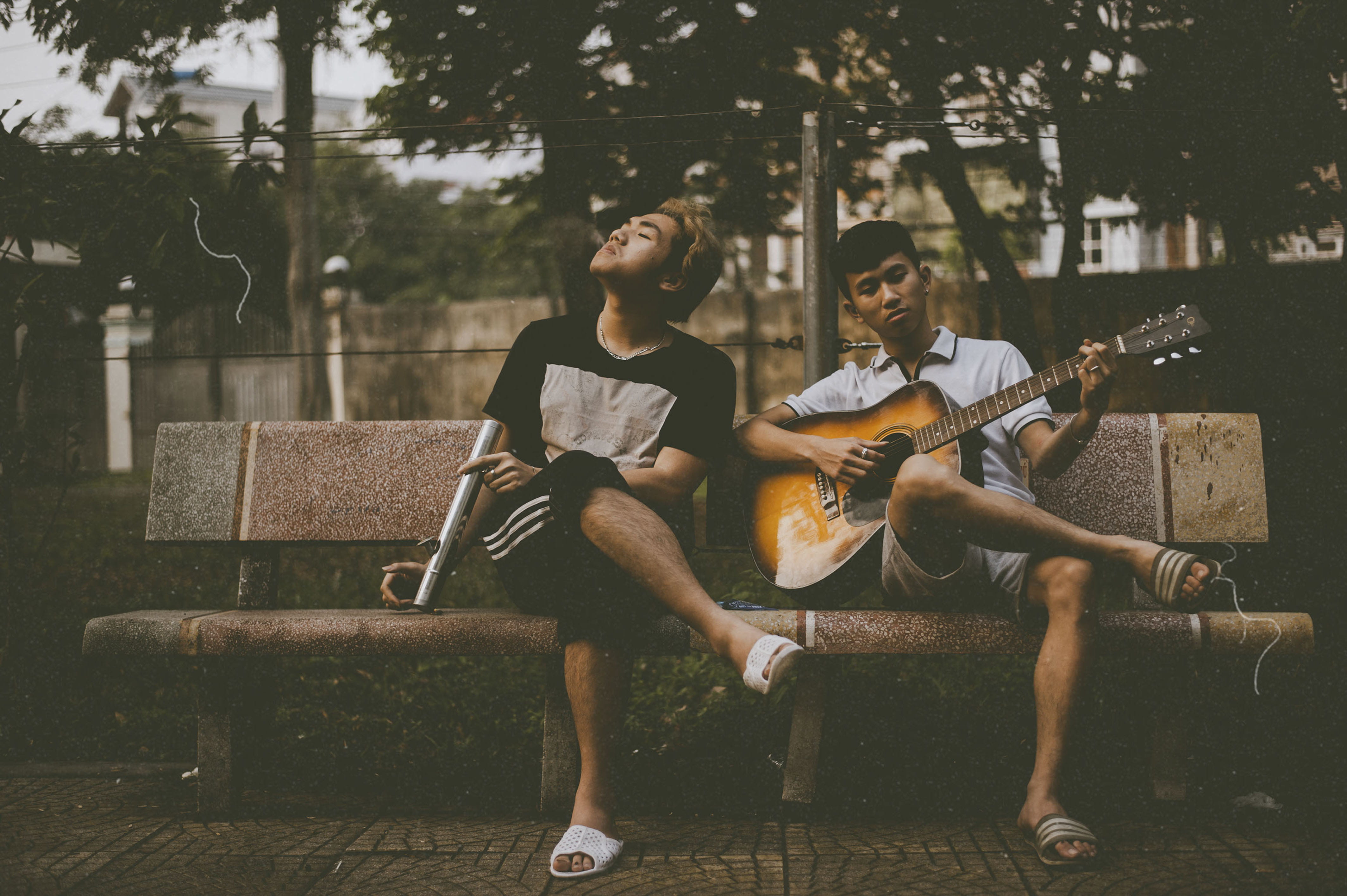 lifestyles, playing, front view, plucking an instrument, beside, artist, people, musical instrument, togetherness, another, young adult, men, friendship, HD Wallpaper