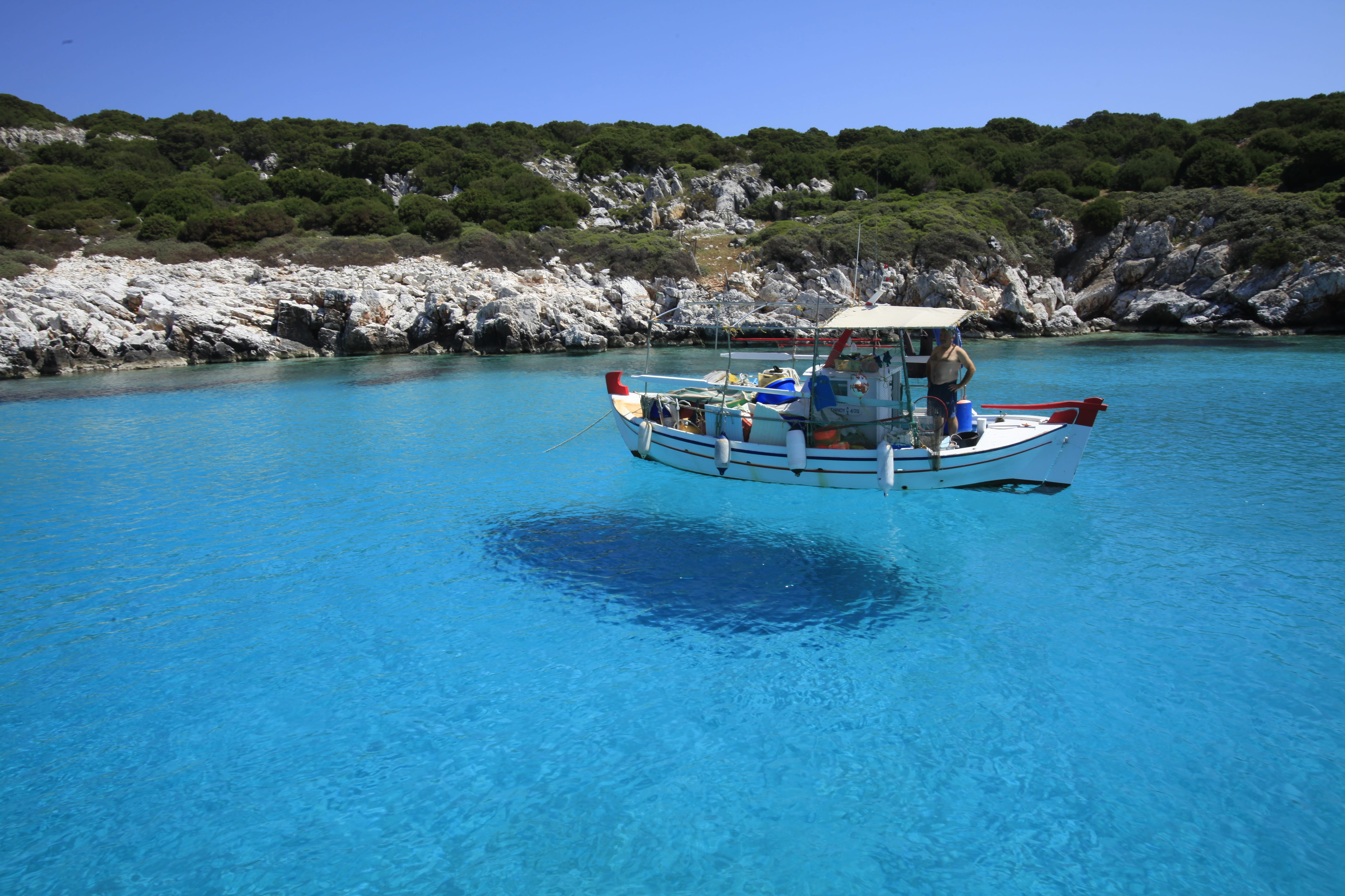 boat, Skyros, near, sky, land, blue, 5K, sea, mountain, water, rock, nautical vessel, Greece, solid, Evia, travel, body, waterfront, mode of transportation, HD Wallpaper