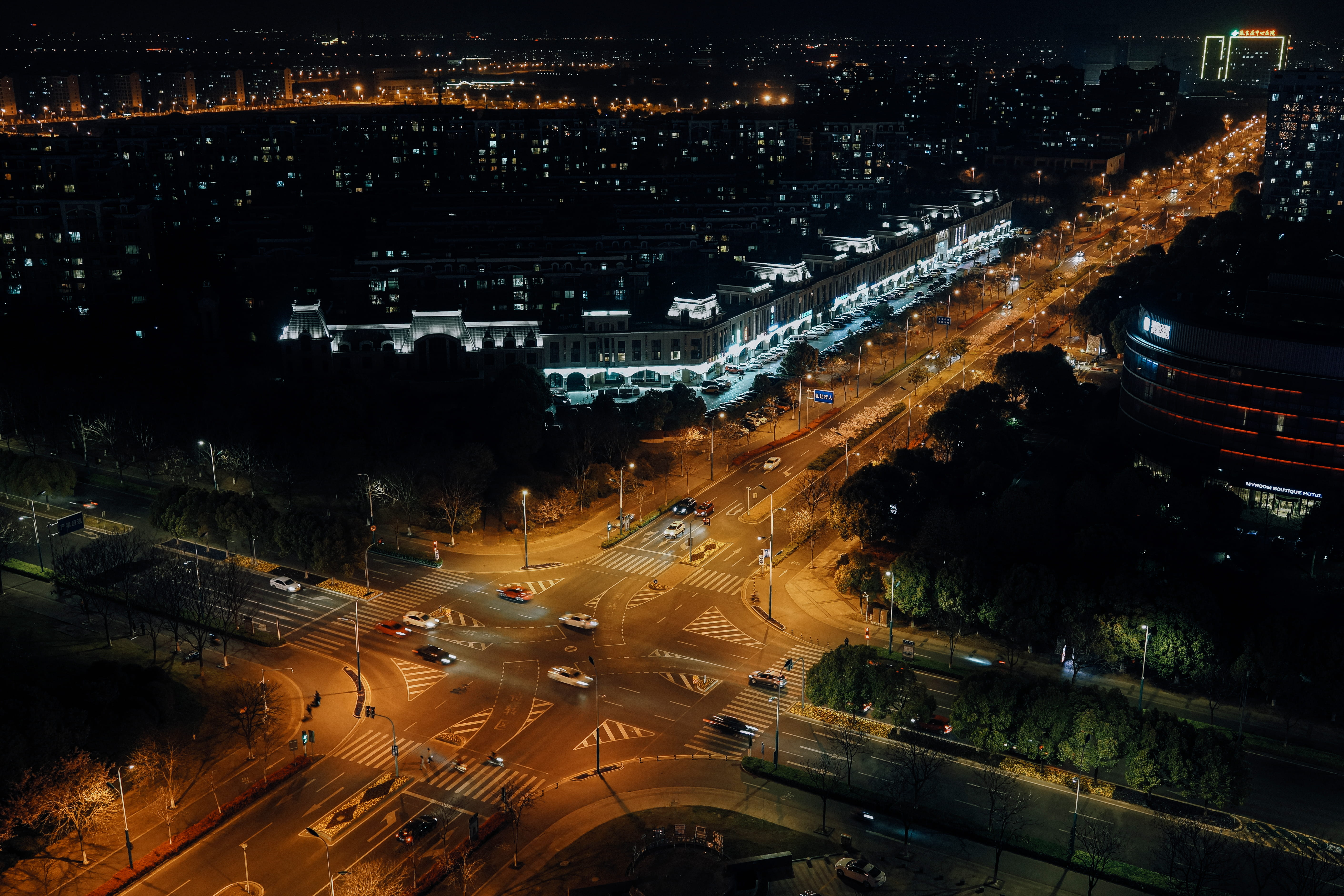 road, motion, scenery, suzhou, automobile, 中国, night, intersection, illuminated, light, nightscape, high angle view, city street, aerial, china, nature, HD Wallpaper