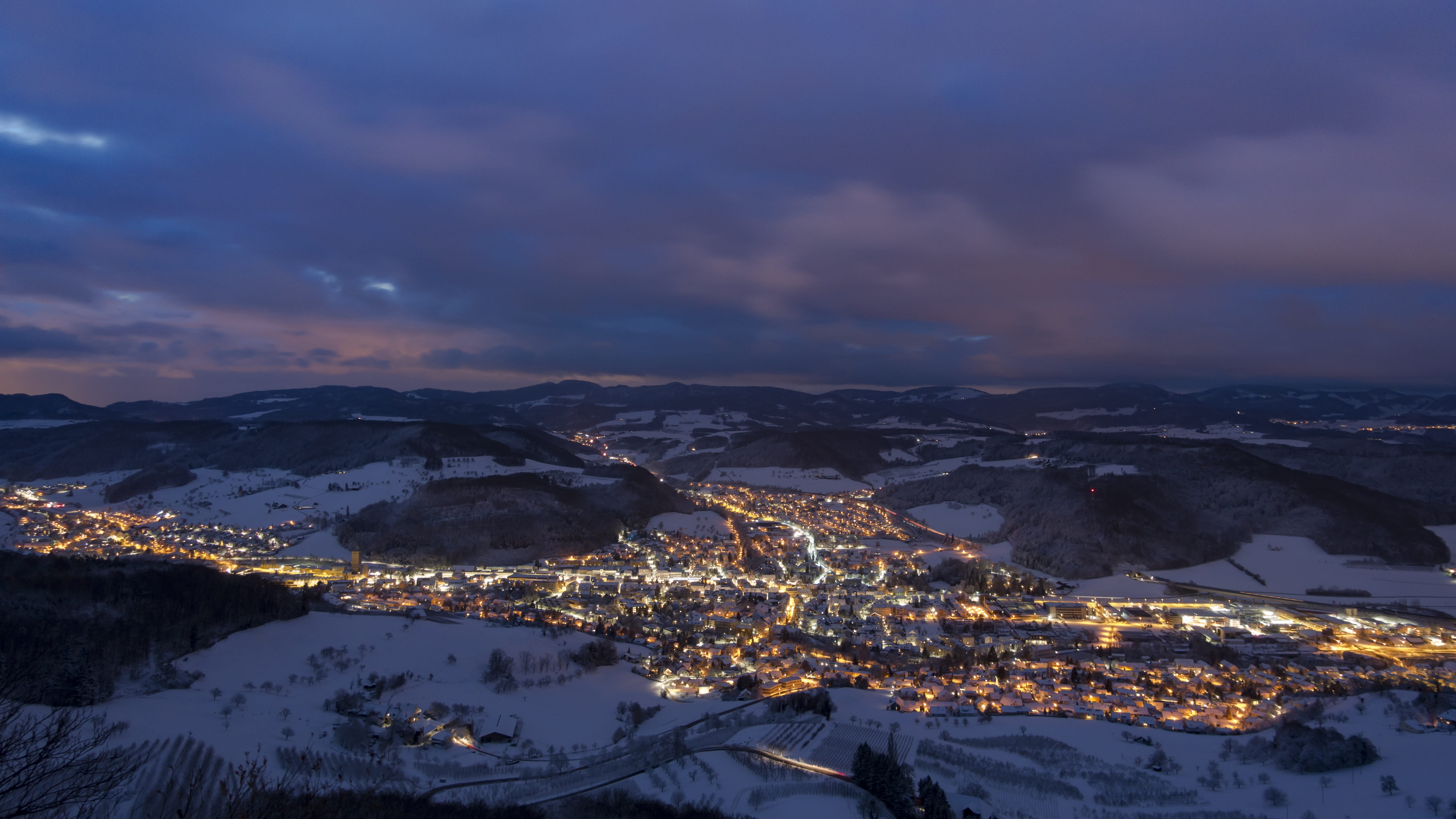 sky, mountain range, no people, city, homes, landscape, mountain, night, cloud - sky, tranquil scene, village, illuminated, environment, lanterns, snow, HD Wallpaper