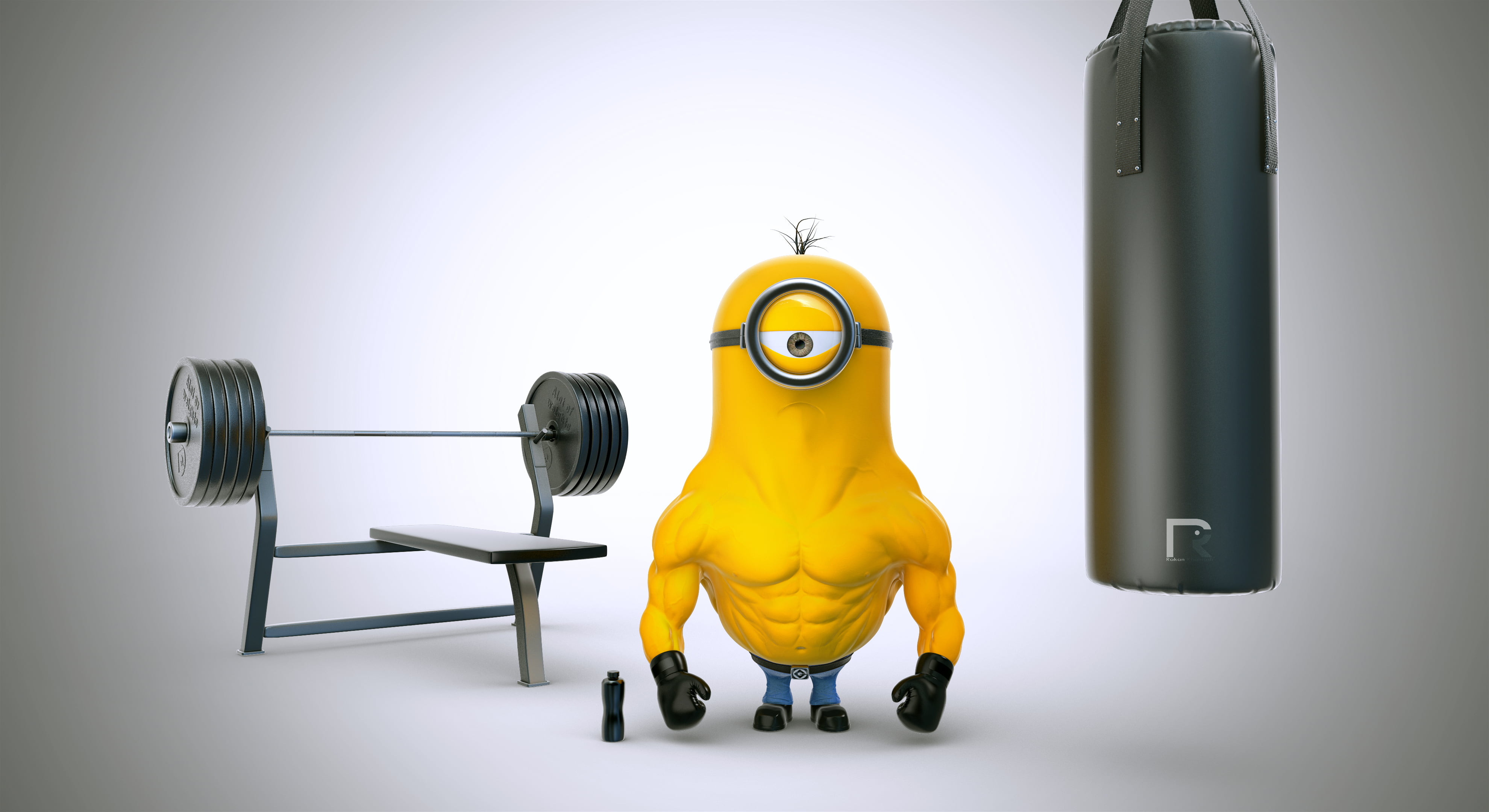 indoors, bodybuilder, yellow, athlete, humor, cartoon, men, studio shot, effort, bizarre, people, sports Training, artwork, muscular Build, copy space, HD Wallpaper