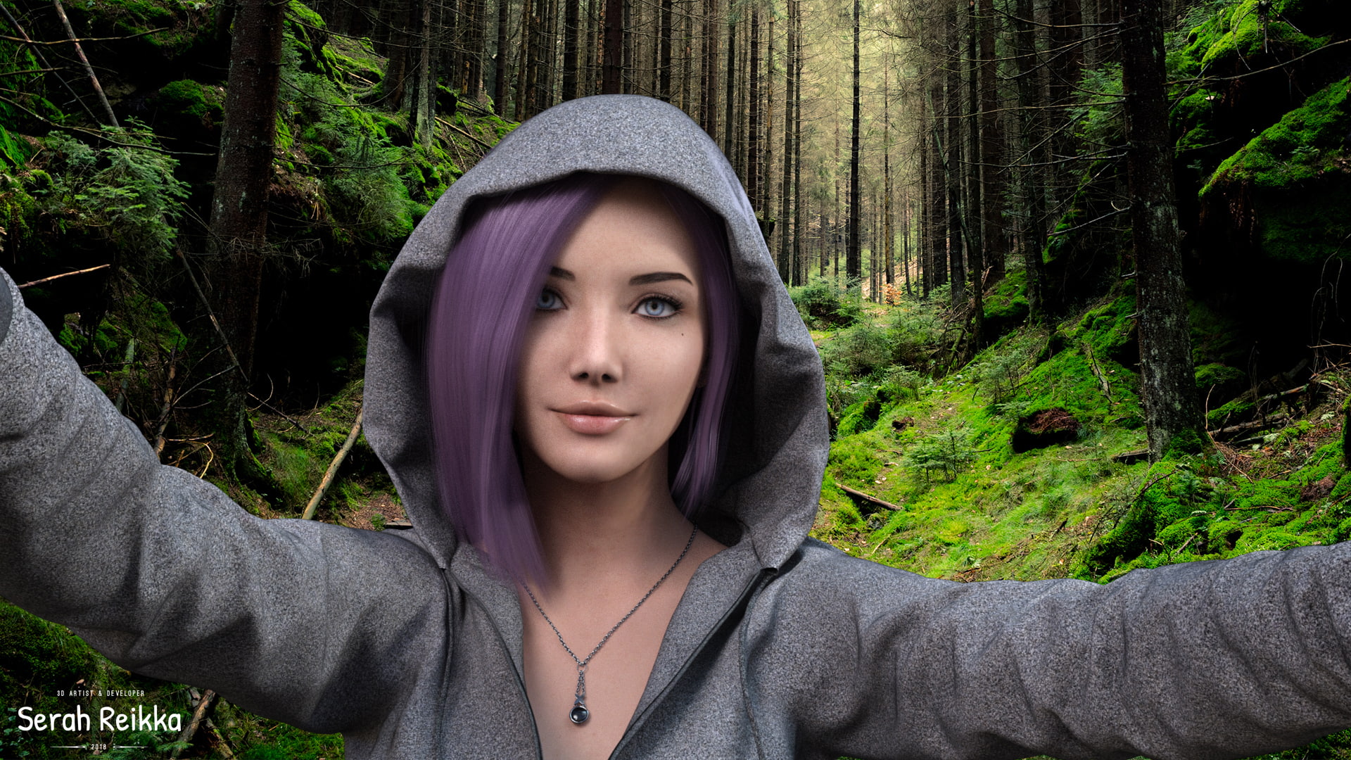 hairstyle, land, outdoors, beautiful woman, plant, real people, one person, lifestyles, woodland, hoods, portrait, 3d design, render, 1080P, tree, young adult, HD Wallpaper