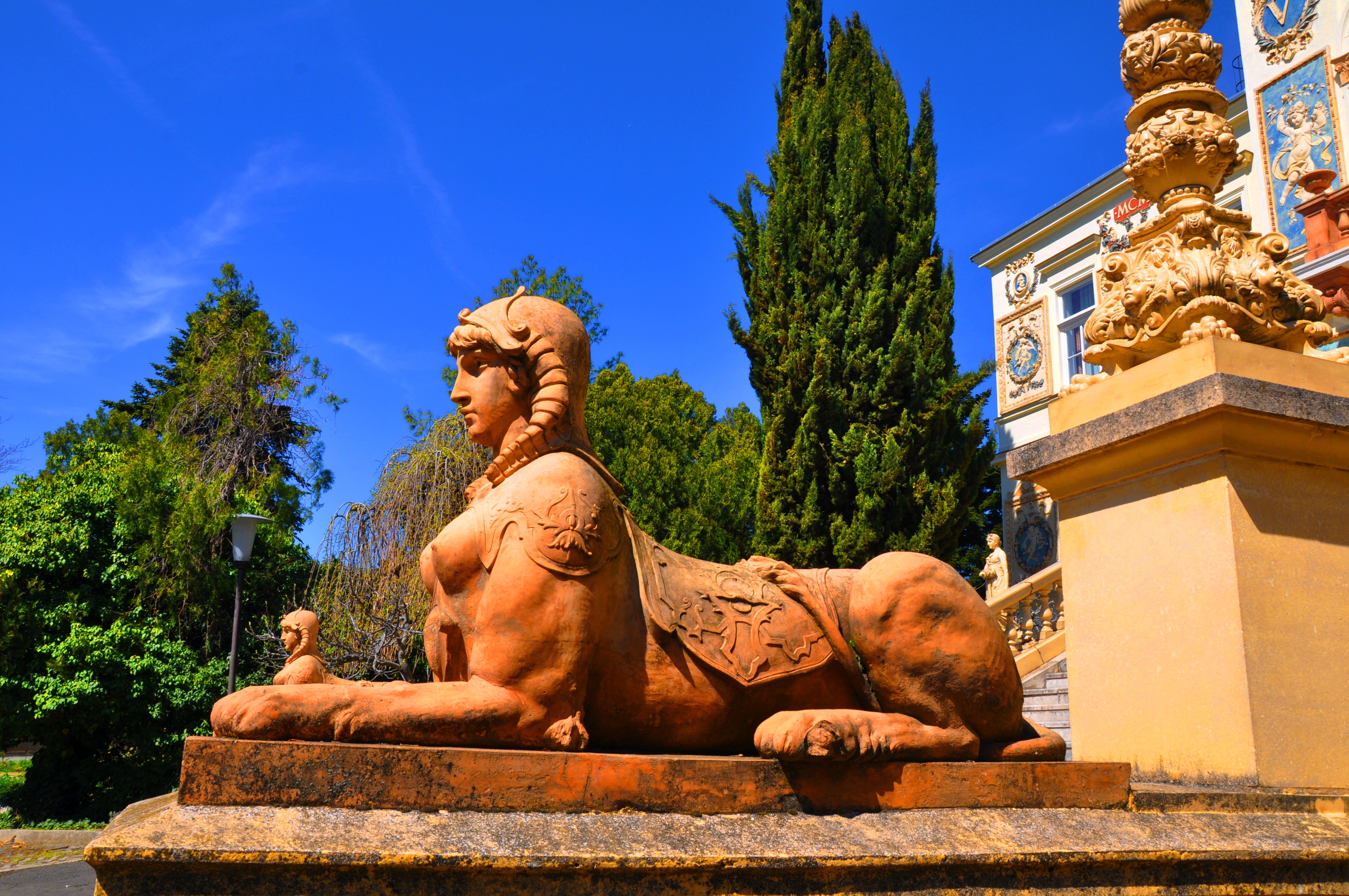 blue, history, pecs, sky, built structure, representation, human representation, no people, tree, spirituality, day, male likeness, hungary, building exterior, HD Wallpaper