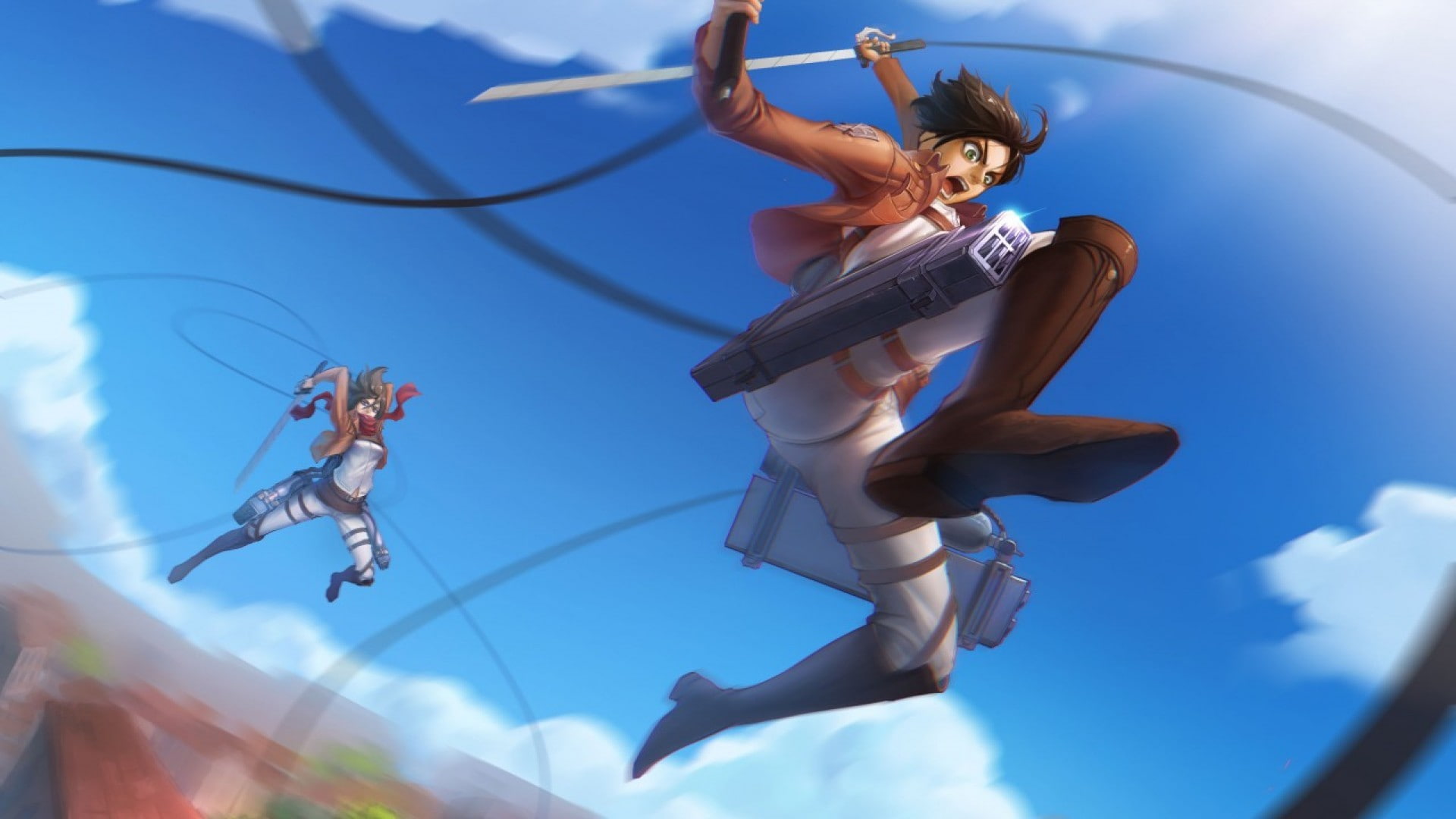 limb, day, happiness, positive emotion, blue, 1080P, people, men, nature, sky, Shingeki no Kyojin, human arm, full length, jumping, motion, Eren Jeager, HD Wallpaper