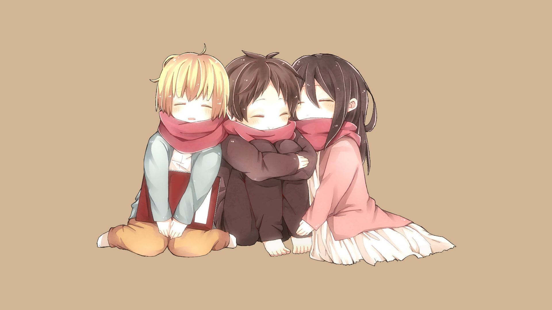 hair, chibi, offspring, friendship, innocence, people, Shingeki No Kyojin, 1080P, girls, hairstyle, blond hair, full length, Mikasa Ackerman, Eren Jeager, HD Wallpaper