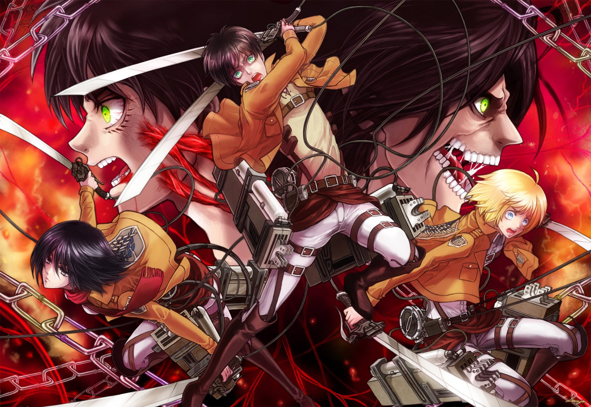 Eren Yeager, 1080P, Mikasa Ackerman, Armin Arlert, Anime, Attack On Titan, HD Wallpaper