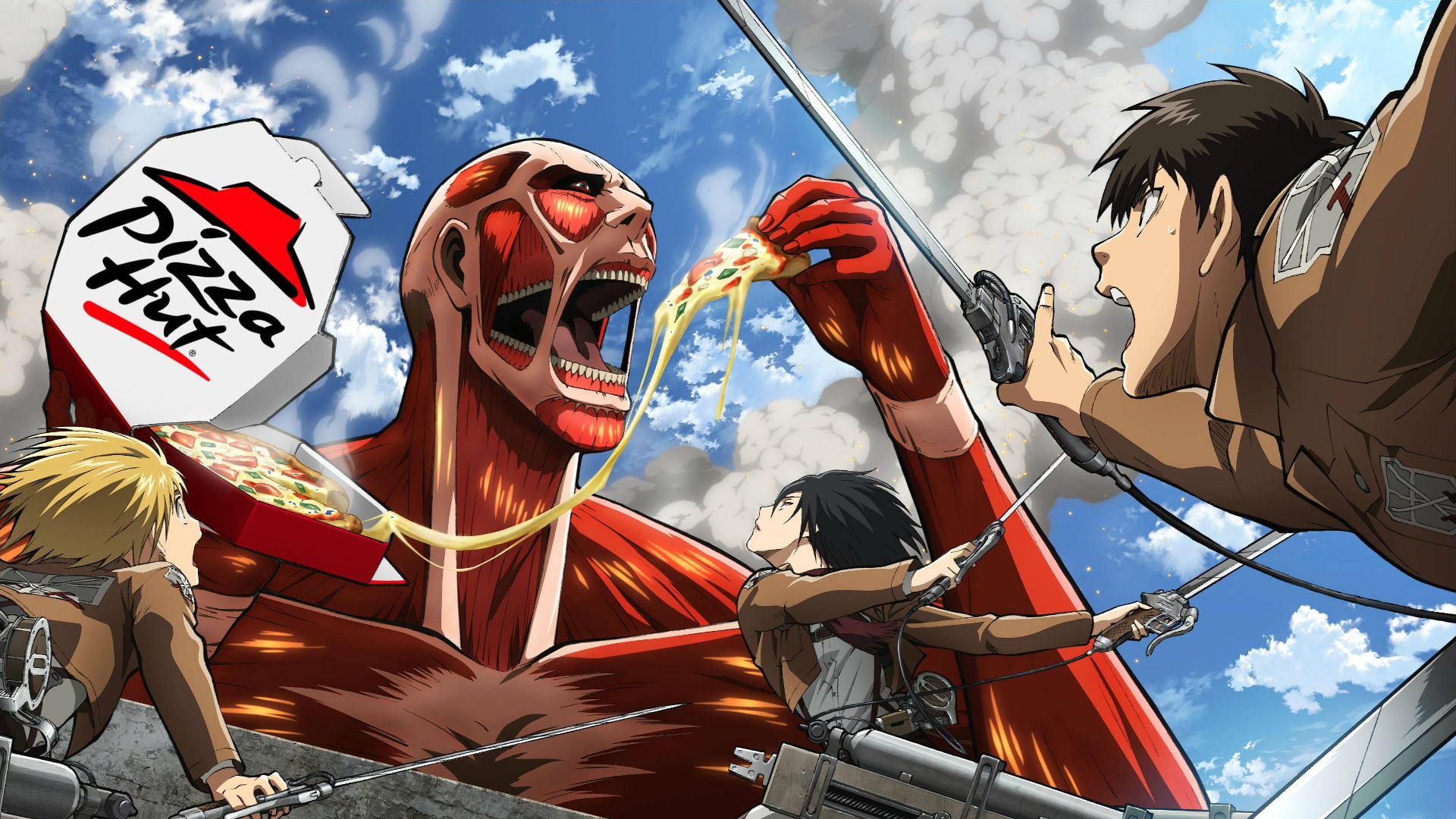 Shingeki no Kyojin, 1080P, parody, Eren Jeager, Mikasa Ackerman, pizza, Armin Arlert, humor, HD Wallpaper