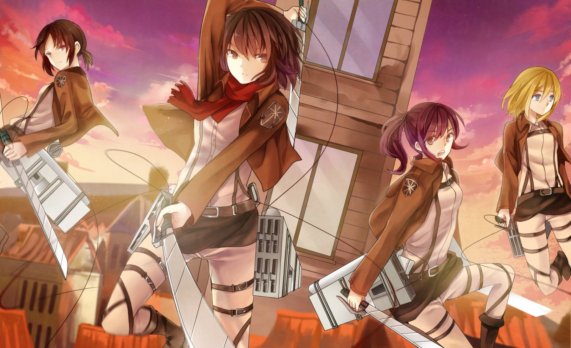 Anime, Mikasa Ackerman, three quarter length, young women, adult, men, fashion, people, indoors, women, uniform, night, Sasha Blouse, 1080P, Ymir (Attack on Titan), HD Wallpaper