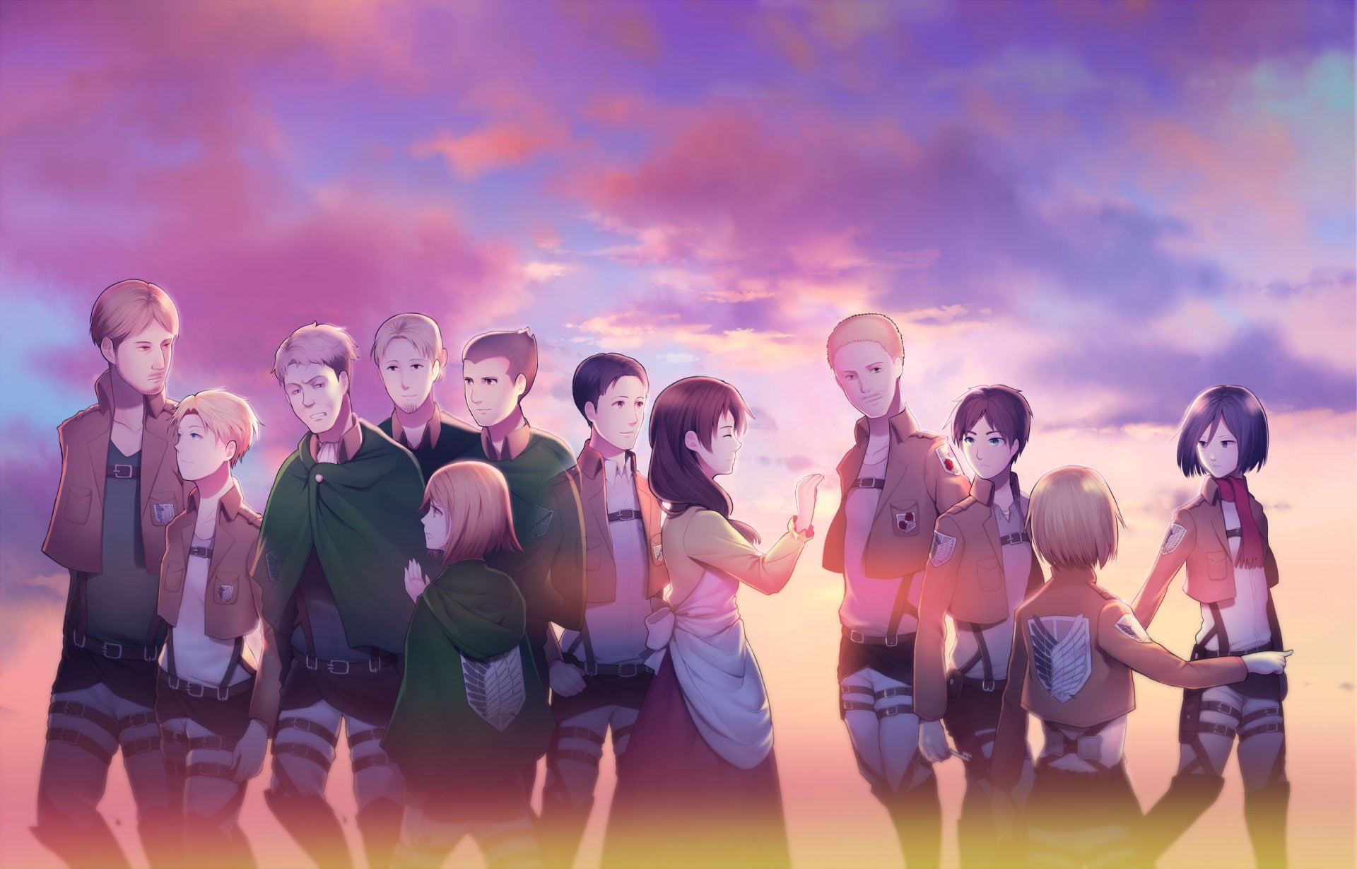 men, Mikasa Ackerman, Shingeki No Kyojin, Attack On Titan, business person, people, females, coworker, males, sky, Eren Yeager, group of people, businessman, HD Wallpaper