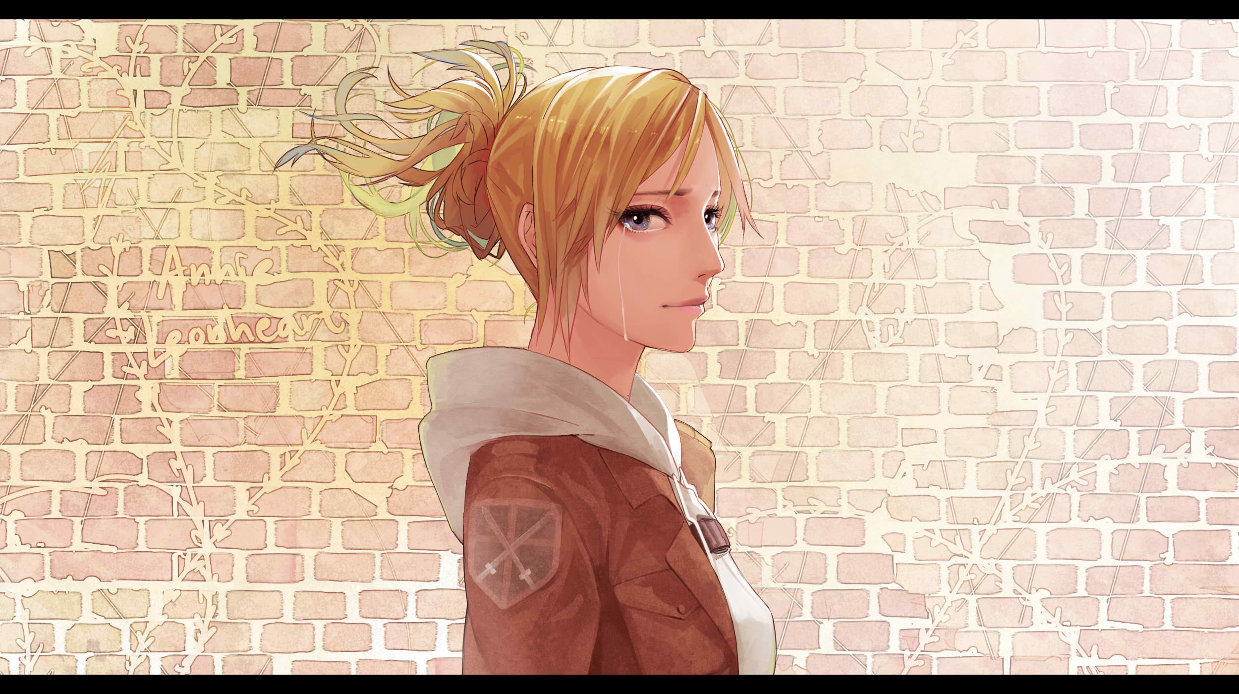 young adult, yellow, brick, wall, teenager, face, brick wall, real people, child, standing, anime girls, hair, bricks, Leonheart Annie, portrait, wall - building feature, HD Wallpaper