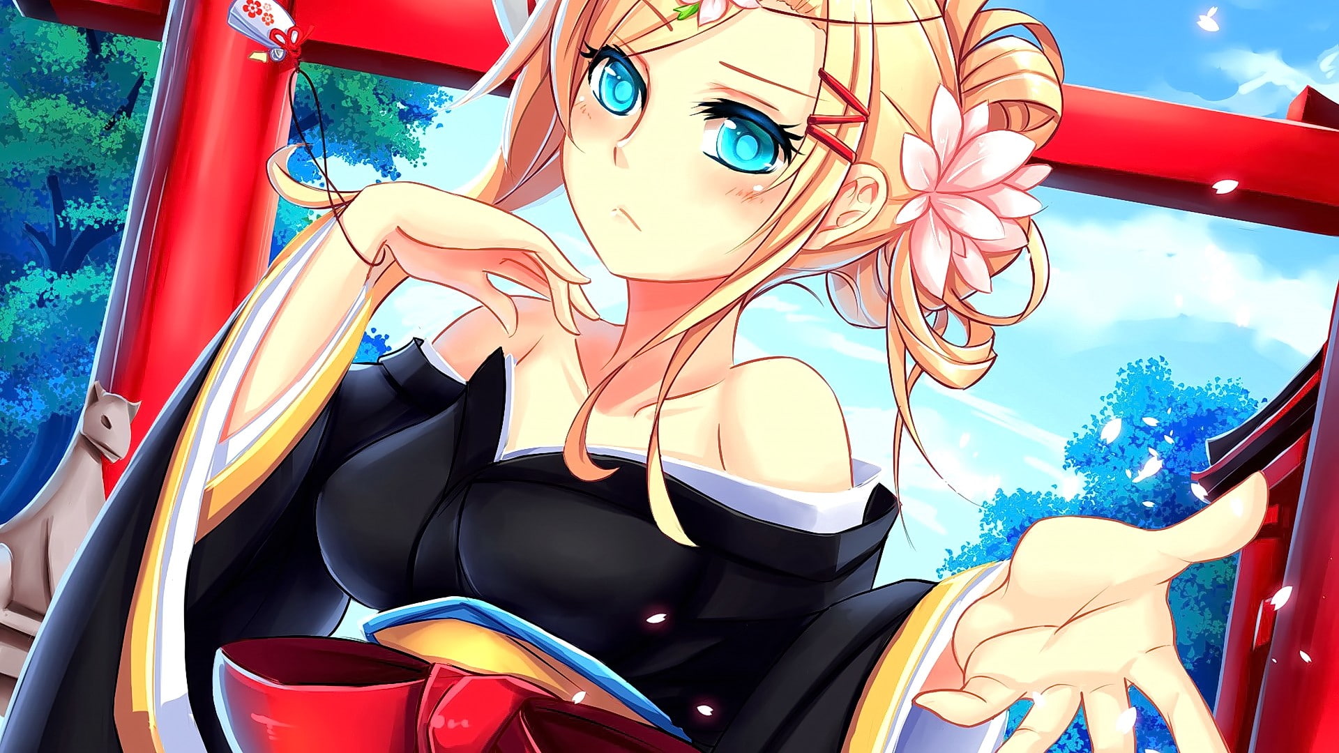 short hair, Asian architecture, looking at viewer, Shingeki no Kyojin, blonde, Leonheart Annie, clouds, kimono, 1080P, Japanese clothes, sky, anime, blue eyes, HD Wallpaper