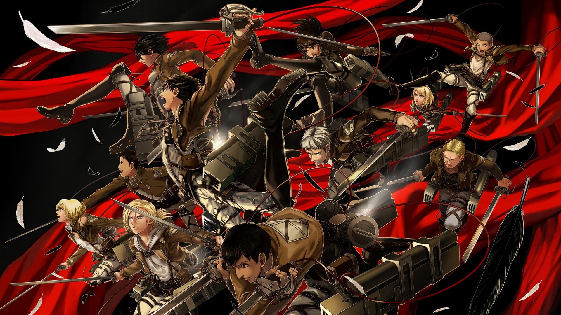 Blouse Sasha, red, Mikasa Ackerman, Armin Arlert, Leonheart Annie, 1080P, backgrounds, large group of objects, metal, transportation, silver colored, mode of transportation, HD Wallpaper