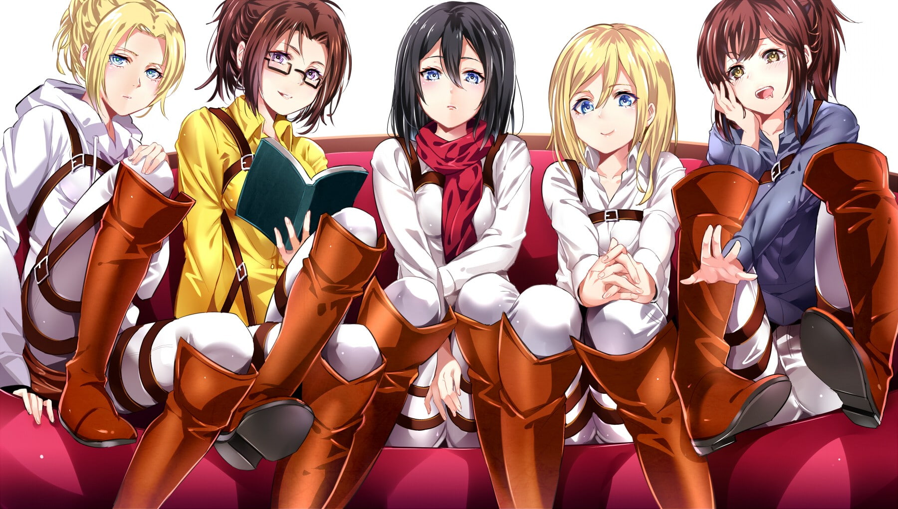 Blonde, Sitting, Attack On Titan, Purple Eyes, Annie Leonhart, Historia Reiss, Yellow Eyes, 720P, Blush, Uniform, Mikasa Ackerman, Black Hair, Sasha Blouse, HD Wallpaper