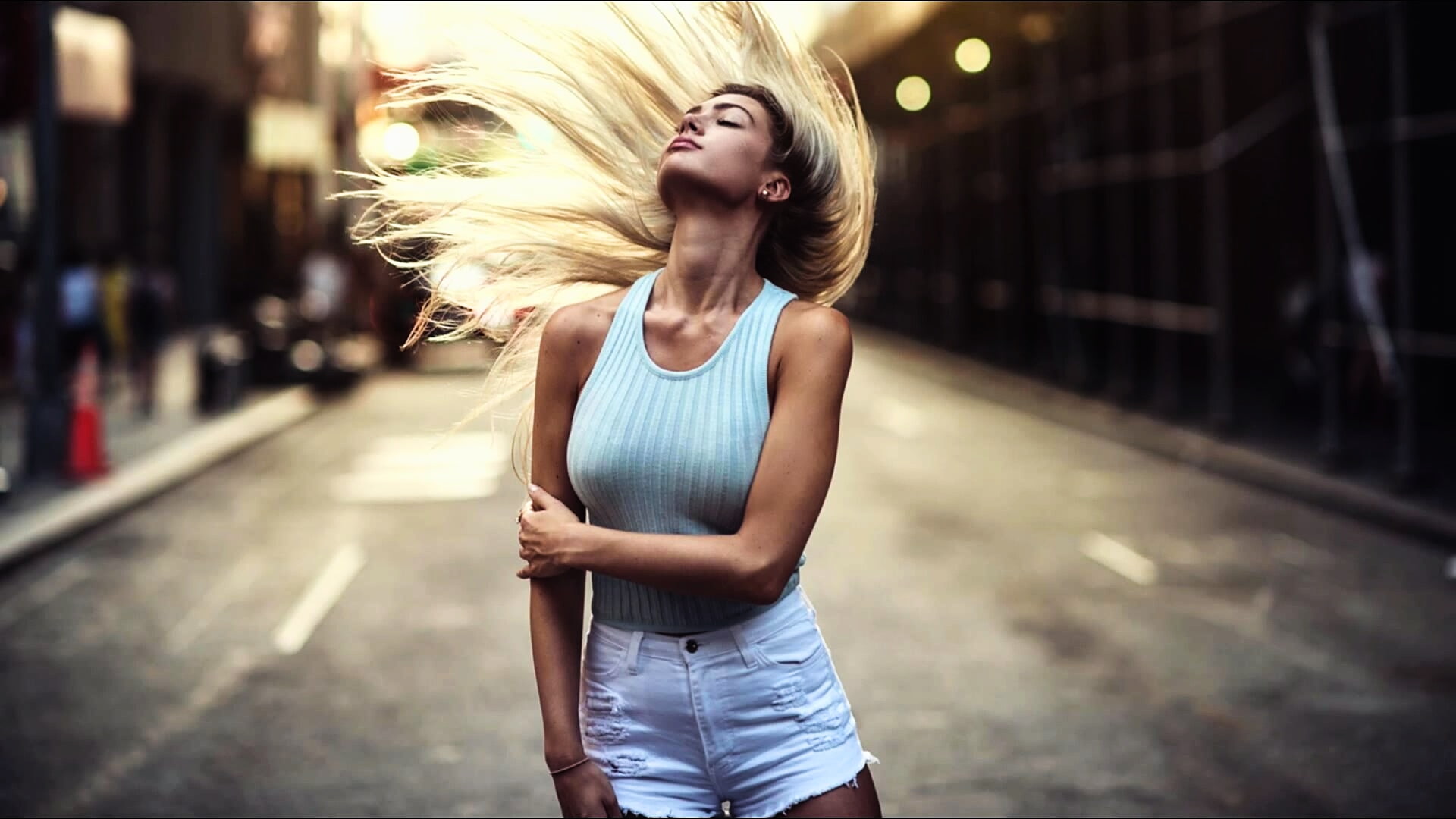 model, women, shorts, Moscow, women outdoors, blond hair, closed eyes, portrait, fashion photography, sunlight, 35PHOTO, lipstick, people, 1080P, outdoors, HD Wallpaper