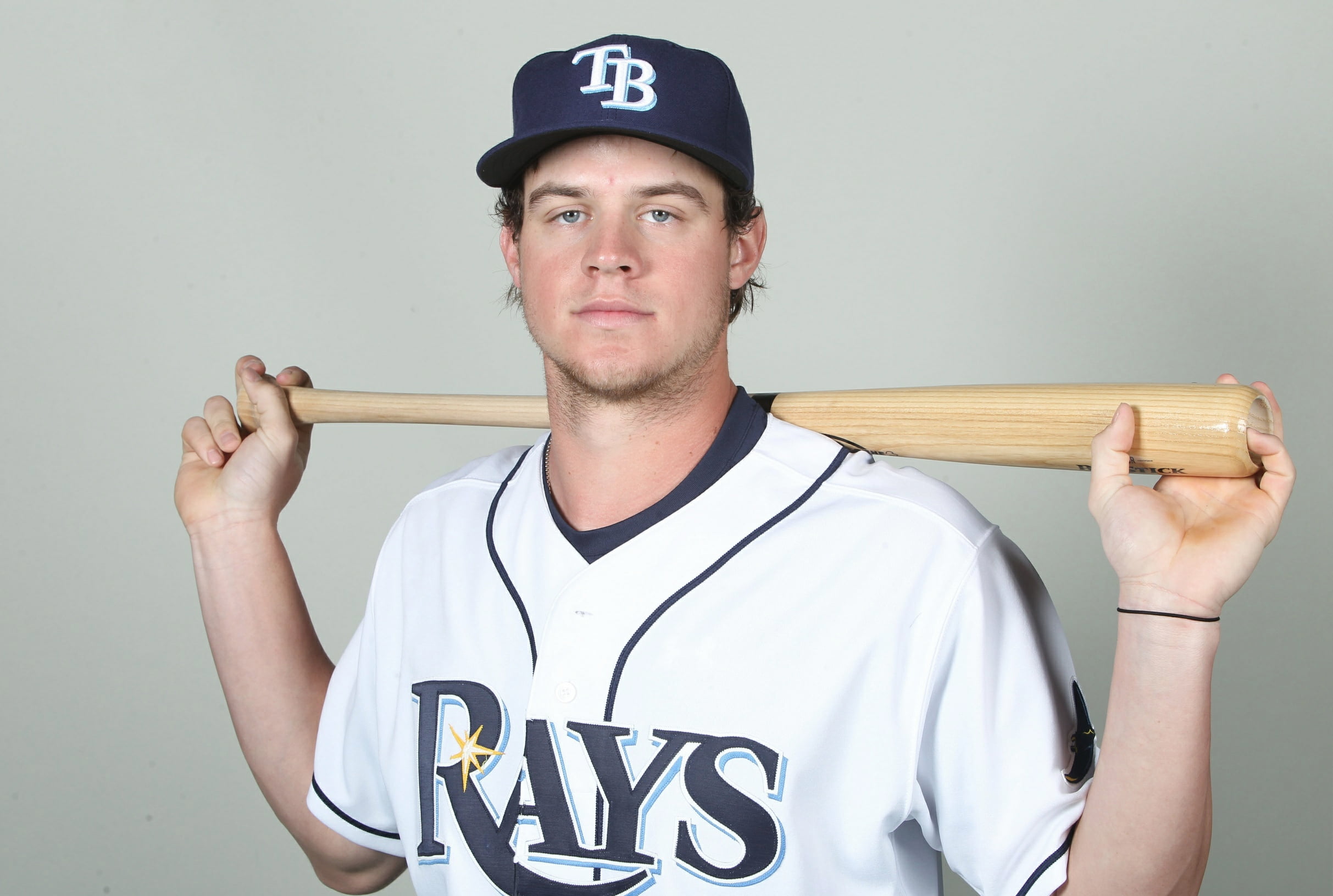 baseball, rays, outfielder, lifestyles, mlb, 1080P, gray, studio shot, clothing, blue, waist up, text, portrait, indoors, young men, hat, front view, jersey, HD Wallpaper