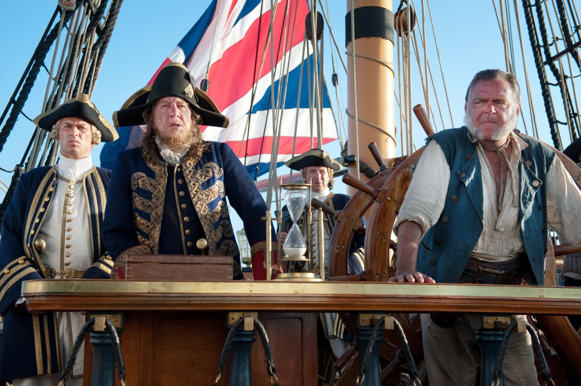 Joshamee Gibbs, senior men, 1080P, Geoffrey Rush, Pirates of the Caribbean: On Stranger Tides, males, happiness, sky, adult, the past, group of people, HD Wallpaper