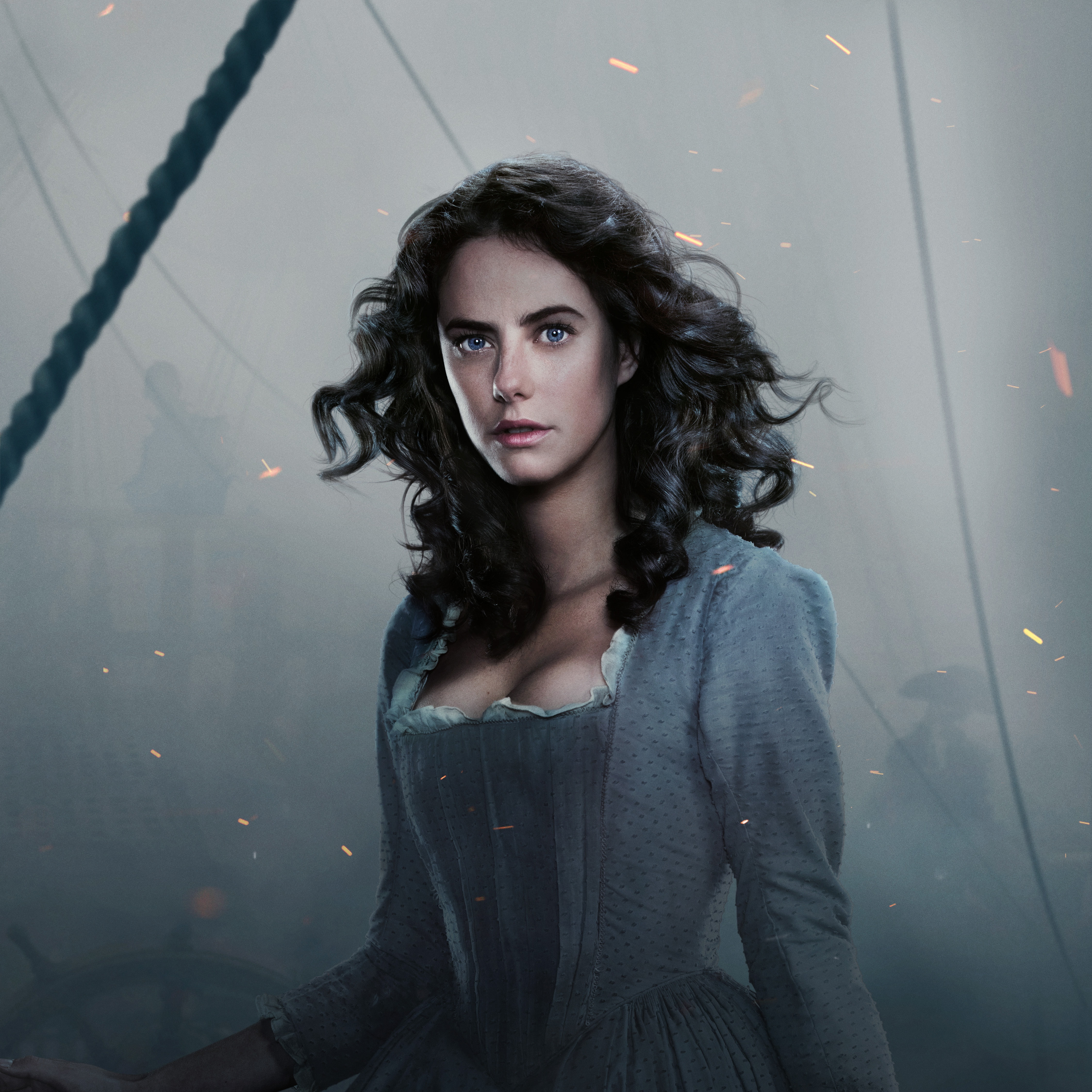 beauty, dress, Pirates of the Caribbean, sparks, Dead men tell no tales, Carina Smyth, the film, brunette, Kaya Scodelario, ropes, hairstyle, 4K, fog, Phone HD Wallpaper
